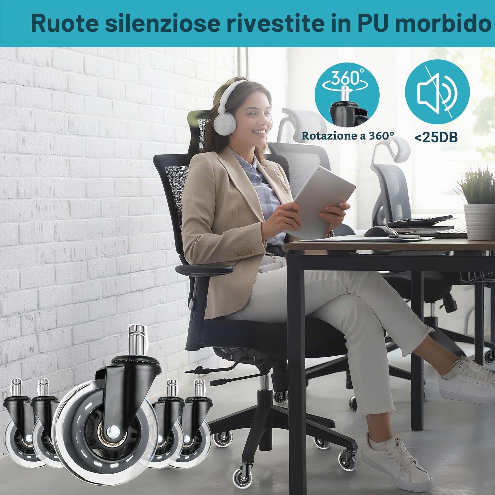 Ruote Sedia Ufficio – Ruote Piroettanti per Scrivania – Ruote per Mobili 11x22 mm Set da 5, Silenziose 360° con Doppio Cuscinetto, Adatte per Parquet, Moquette, Gaming e Sedia da Ufficio(Non per IKEA)