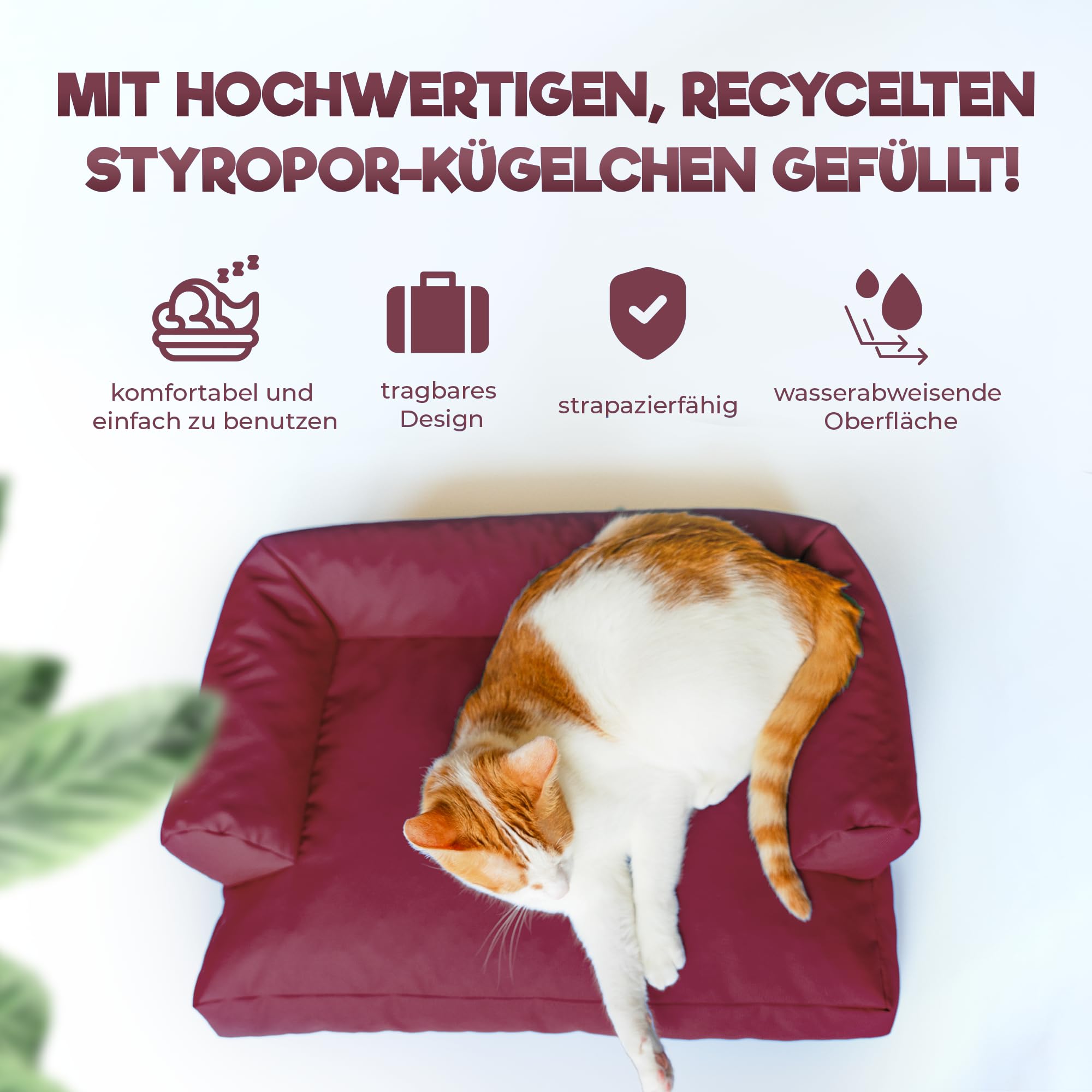 PATCH HOME Katzenbett – Oeko-TEX Zertifiziert – Katzenmöbel – mit recyceltem Styropor gefüllt – Katzensofa – Made in Germany – 50x40x15 cm – Weinrot