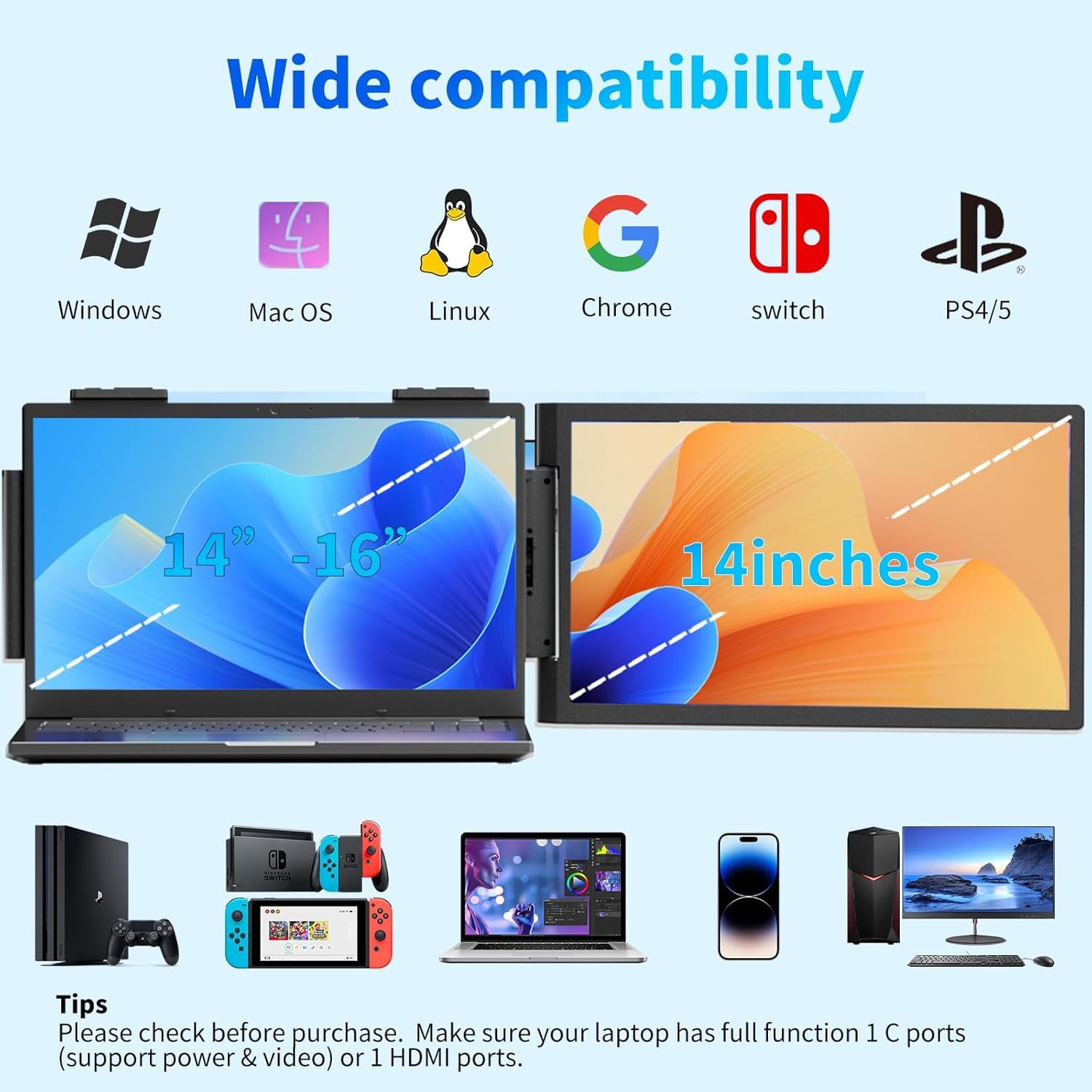 Estensore dello schermo del computer portatile 14 pollici doppio schermo estensore del monitor portatile FHD 1080P IPS Built-in Stand/Speaker Screen Extender per laptop da 13"-17" Mac Windows Chrome