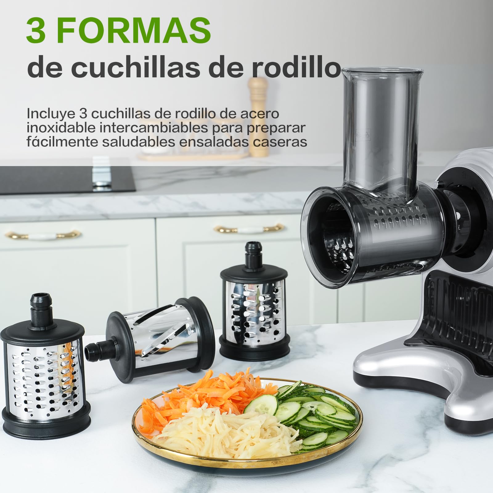 AMZCHEF Extractor 4 EN 1 - Extractor de Zumos y Verduras/Ralladores Eléctricos/Picadora de Carne/Elaborador de Salchichas - Juicer con Apertura de 80mm con Accesorios Multifuncionales - Plata