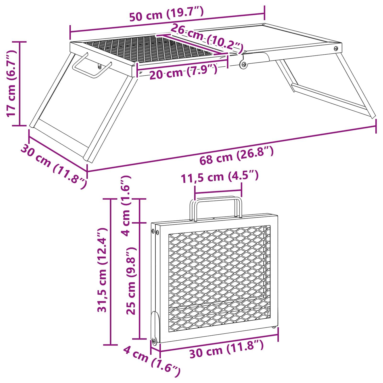 Parrilla de camping plegable negra de acero aleado 31,5 x 26,5 x 4 cm, resistente a la intemperie y al óxido, con asas ABS para fácil transporte, ideal para jardín, balcón