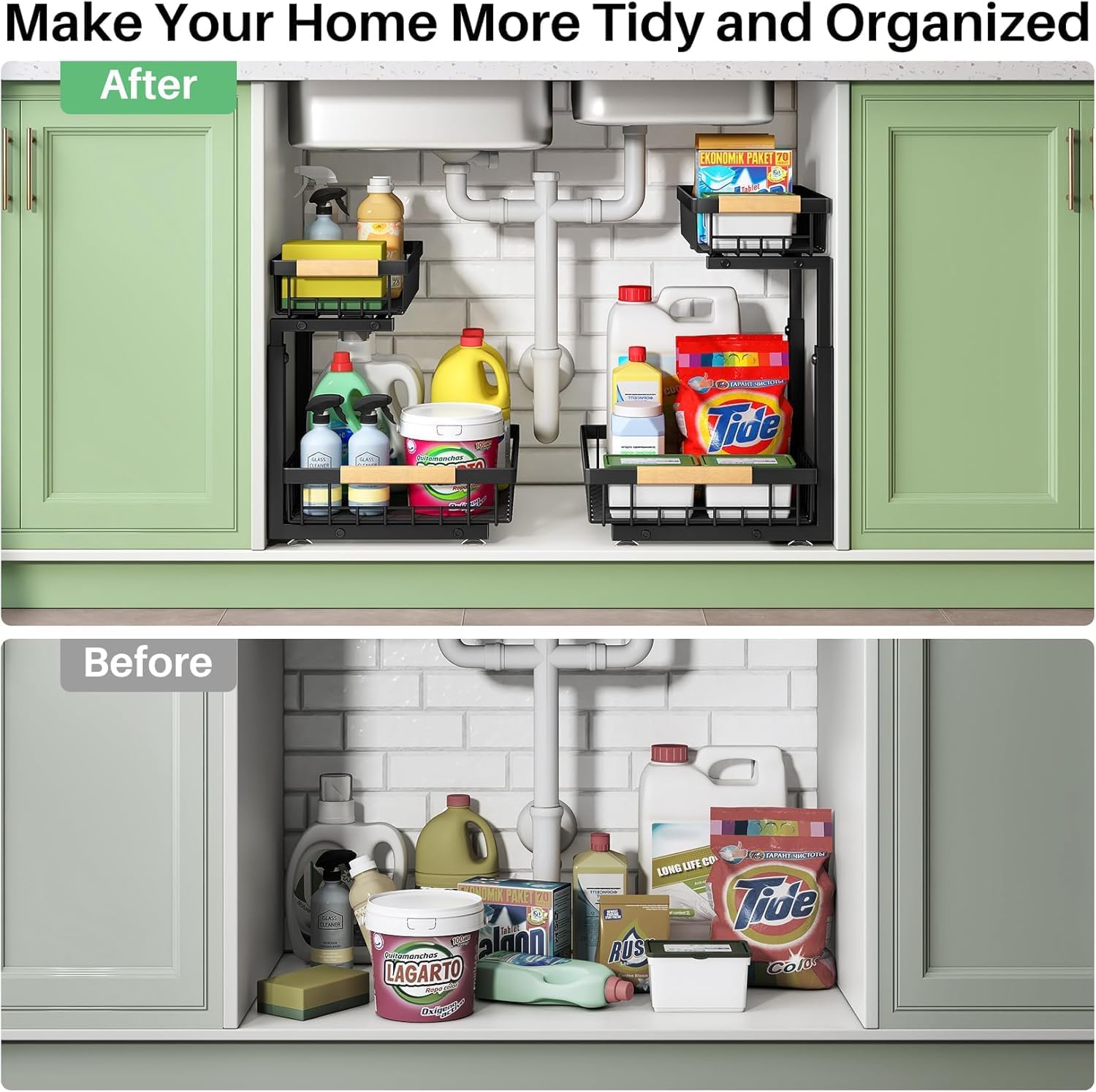 2 Tier Under Sink Storage & Organisation, Under Bathroom Cabinet Storage, Kitchen Sink Organiser Rack, Multi-purpose Under Sink Shelf Organizer (Black) image 7 of 8 B0DNMQS4JM