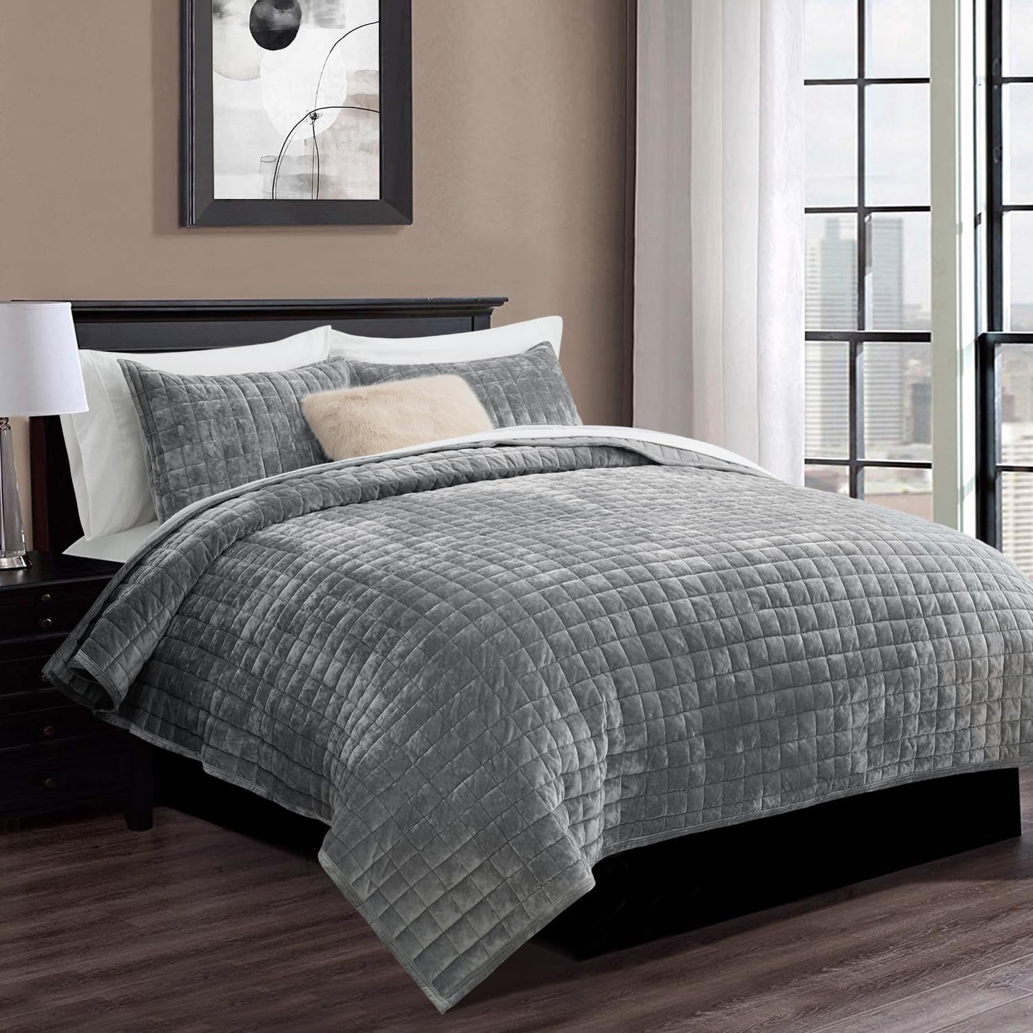 Luxury Velvet Quilt Set Full Queen Size, Lightweight Velvet Comforter Set, Oversized Bedspread Coverlet Quilted Bedding Set, with 2 Matching Pillow Shams, for All Season, Gray