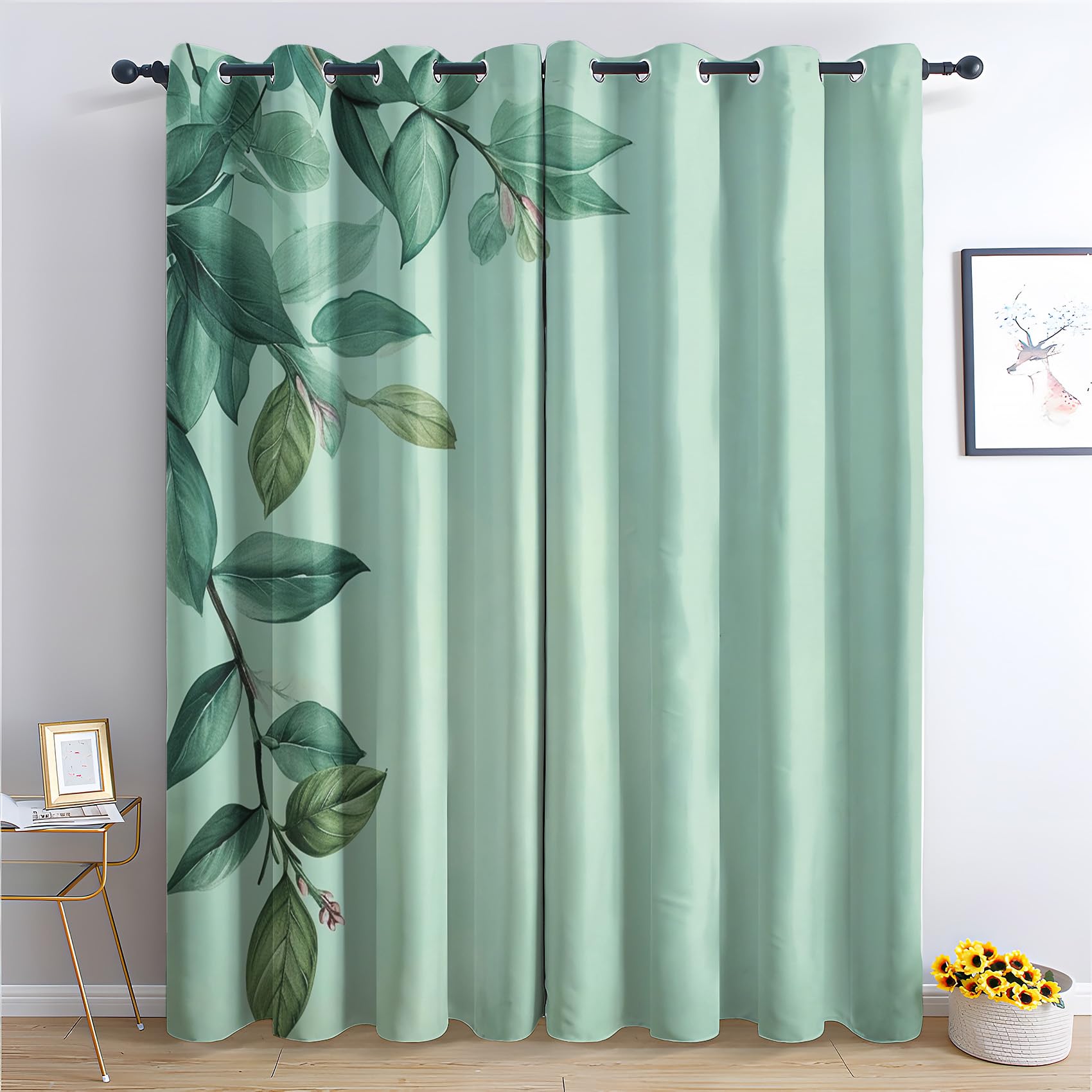 SZLYZM Green Leaf Blackout Curtains for Bedroom living Room, Sage Green Curtains 66x90, 90 Inch Drop Curtains 2 Panels Set, Thermal Eyelet Drapes Decorative Patterned Window Treatments (Ic-&207)