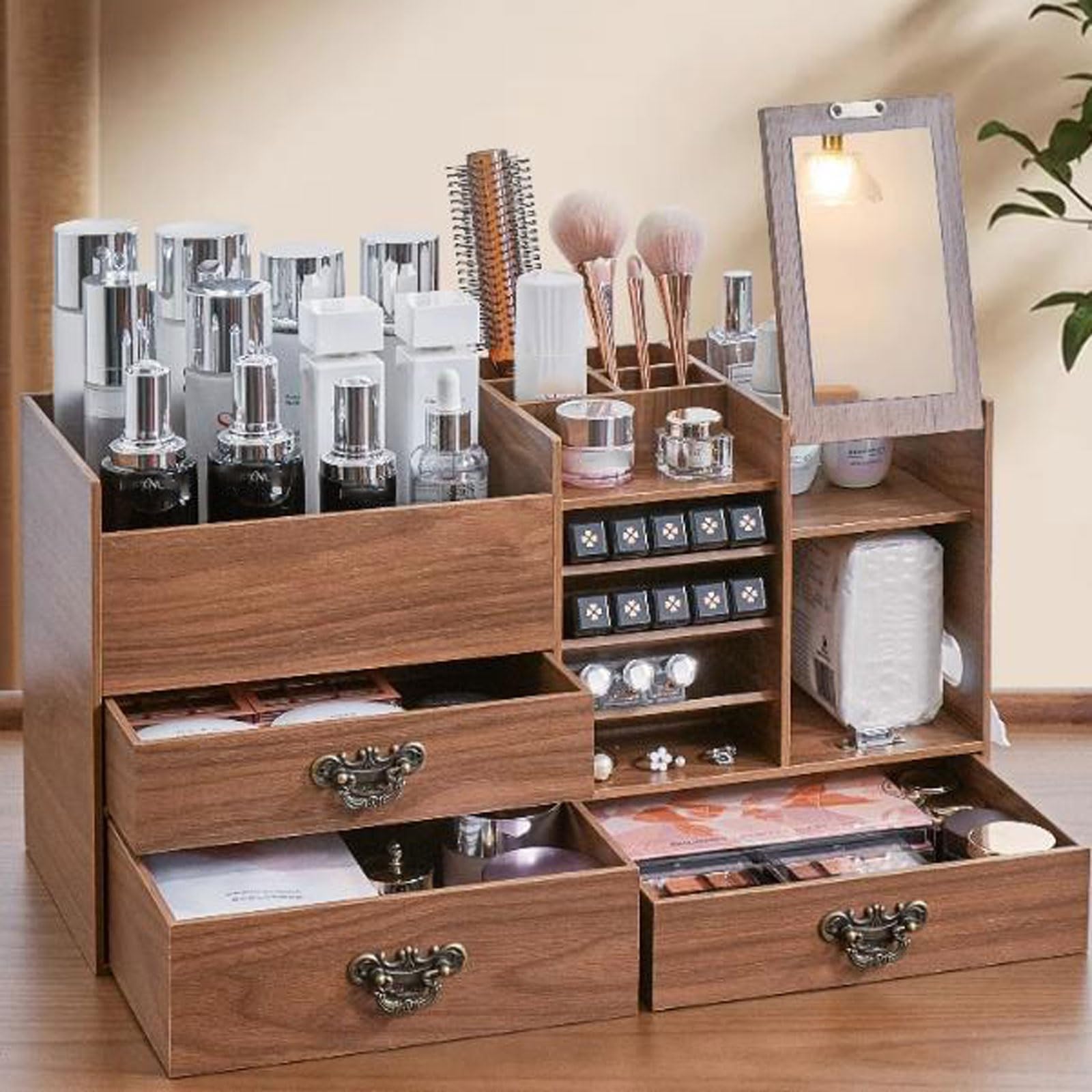 Almacenamiento de cosméticos Organizador de Maquillaje Madera Gran Capacidad con cajones