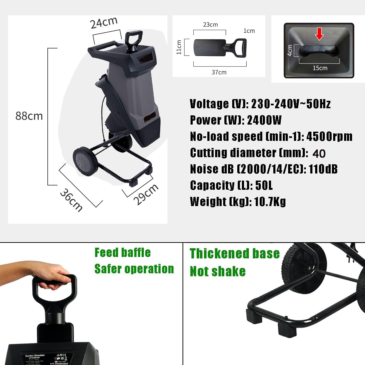 2400W Electric Wood Chipper, 4500rpm Portable Tree Branch Shredder, with 50L Collection Bag&30m Power Cord, 40mm Cutting Direct, Overload Protection Switch, for Shredding Hedge Scrap, Bush Waste