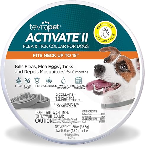 TevraPet Activate II Collar antipulgas y garrapatas para perros pequeños, prevención de 12 meses, 2 unidades, se adapta a cuellos de hasta 15
