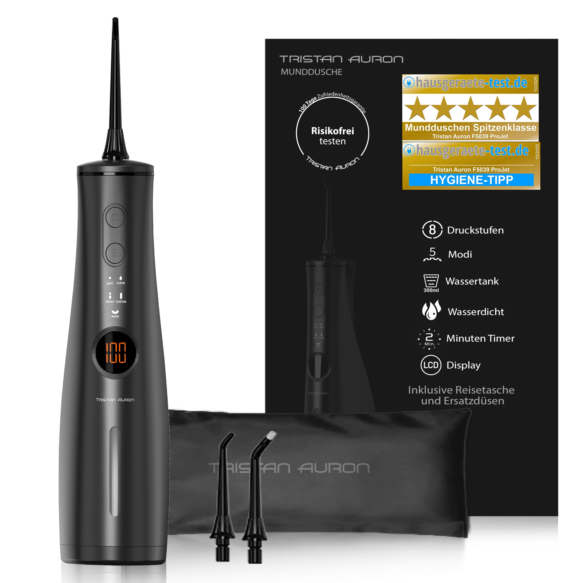 Tristan Auron Munddusche – 2 Ersatzdüsen und Reisetasche, 5 Modi, 8 Druckstufen inkl. Shoot Modus, 300ml Tank, LCD Display, USB-C Schnellladung, IPX7 - ProJet Water Flosser