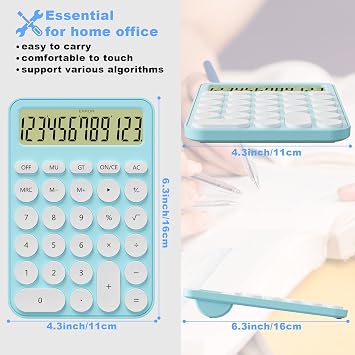 Cute Calculators Desktop Size 6.3 * 4.3in/16 * 11cm, DECKLIT Battery 12 Digit Desk Calculator Extra Large LCD Display, Great Desktop Calculator Big Buttons, 15Tilt Screen for Kids Calculator(Blue)