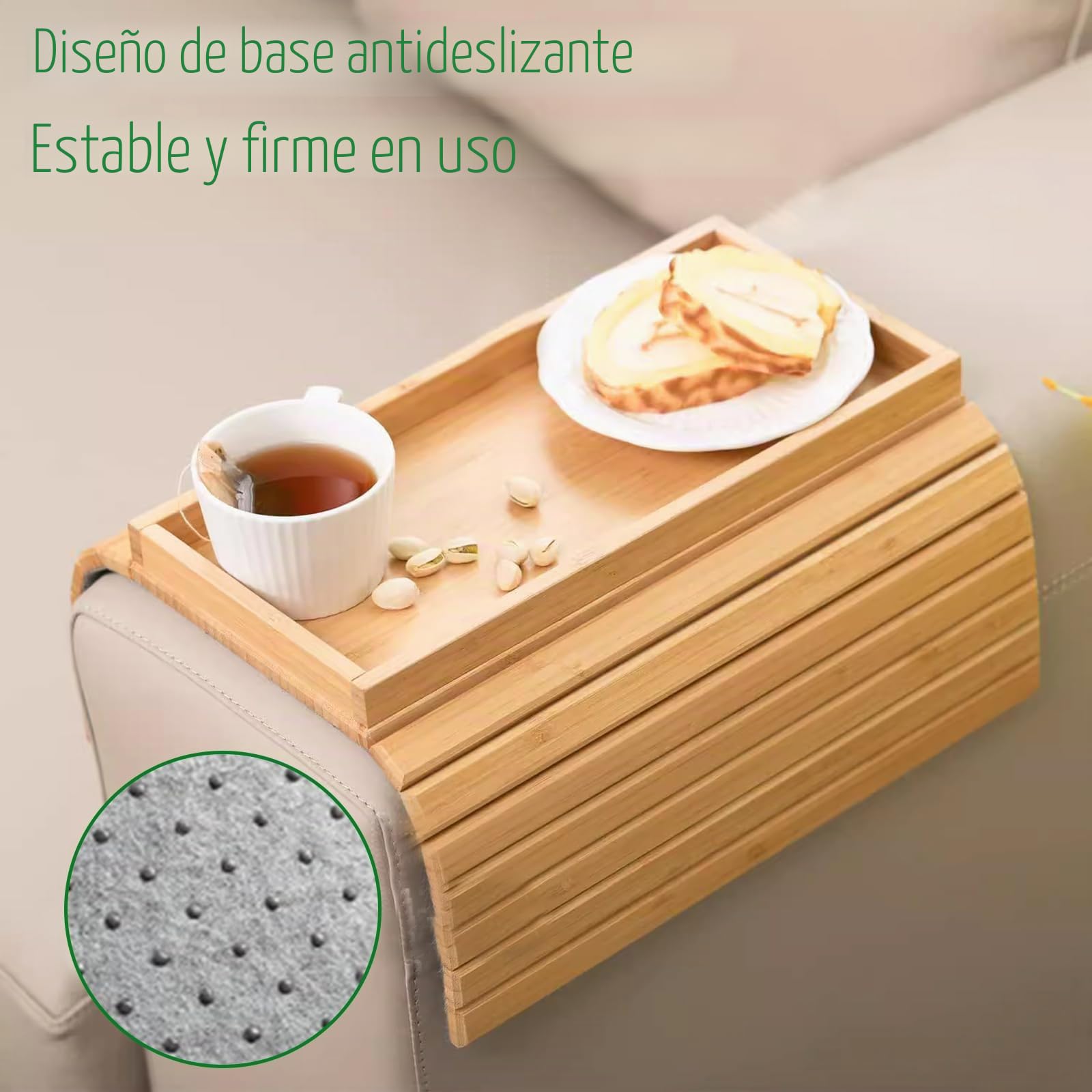 Bandeja para sofá con reposabrazos de bambú, flexible, bandeja de bambú, soporte para bebidas, plegable, para aperitivos, teléfono móvil, control, tazas