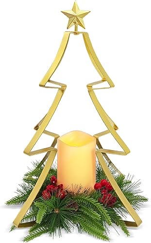 Centro de mesa de árbol de metal de Navidad, soporte de vela iluminado, funciona con pilas y temporizador para decoración de mesa de Navidad,