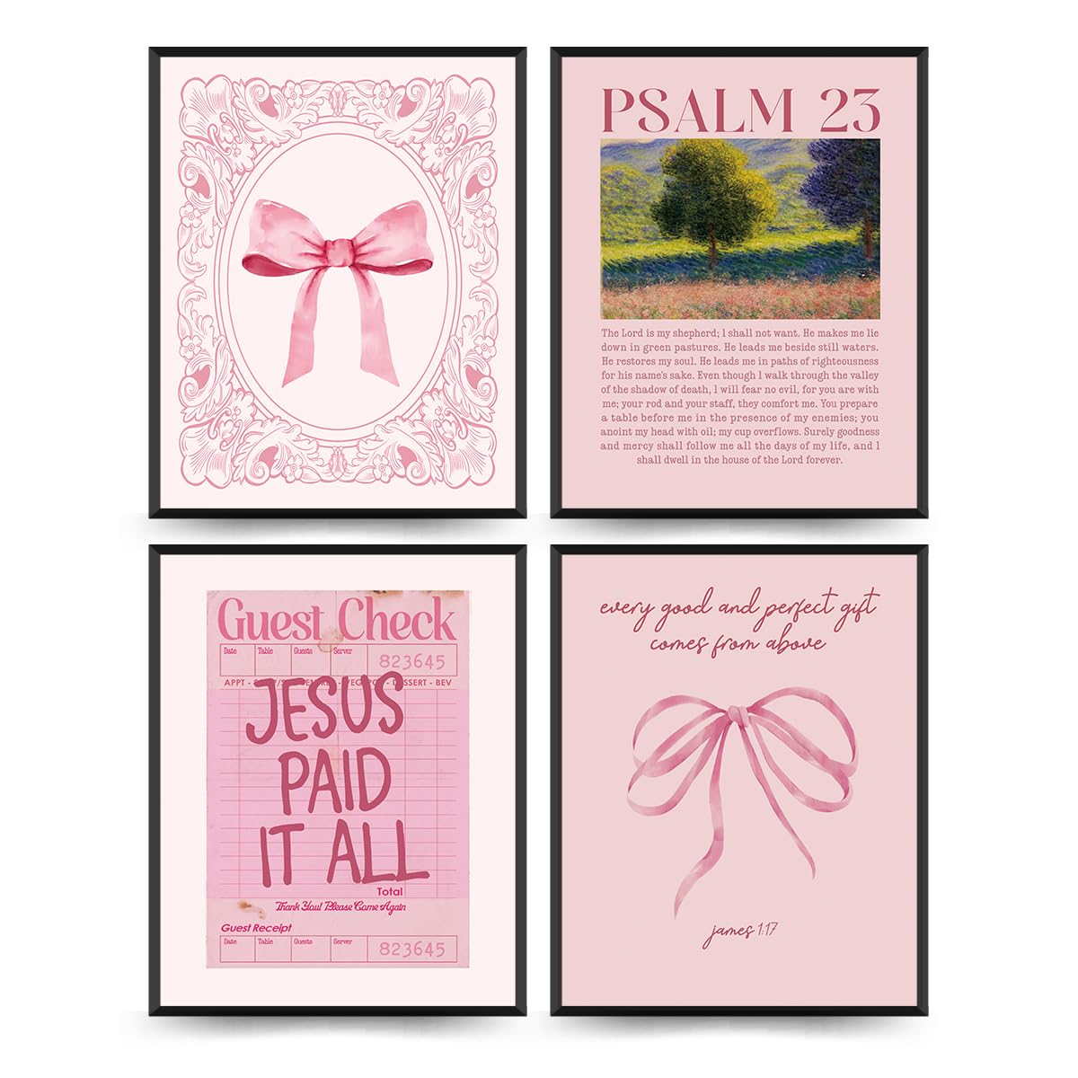 Amazon.com: PLKMN Pink Christian Wall Art Prints Set of 4, Girly Bow ...