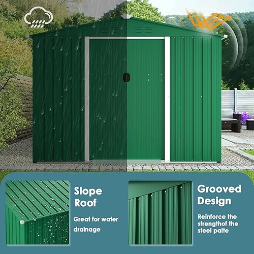 Miniatura 3 de Betterland Cobertizo de almacenamiento al aire libre de 6 x 8 pies, cobertizo de herramientas de acero con puerta corrediza, gabinete de