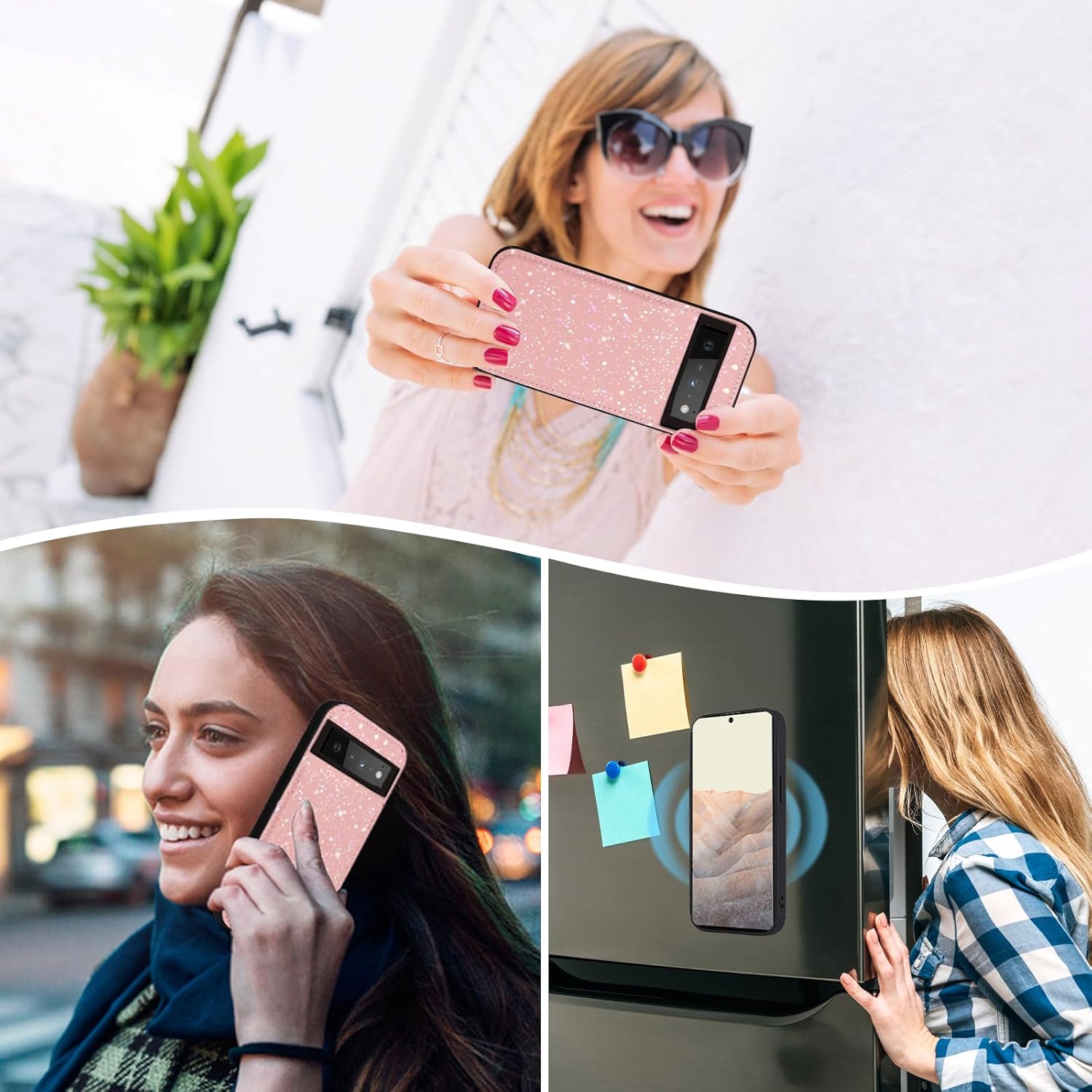 Asuwish Phone Case for Google Pixel 6 Pro Zipper Wallet Magnetic Detachable Cover with Screen Protector and Glitter Card Holder Slot Stand Cell Pixel6Pro Pixel6 XL 6XL Pixle 6Pro 5G Women Men Pink