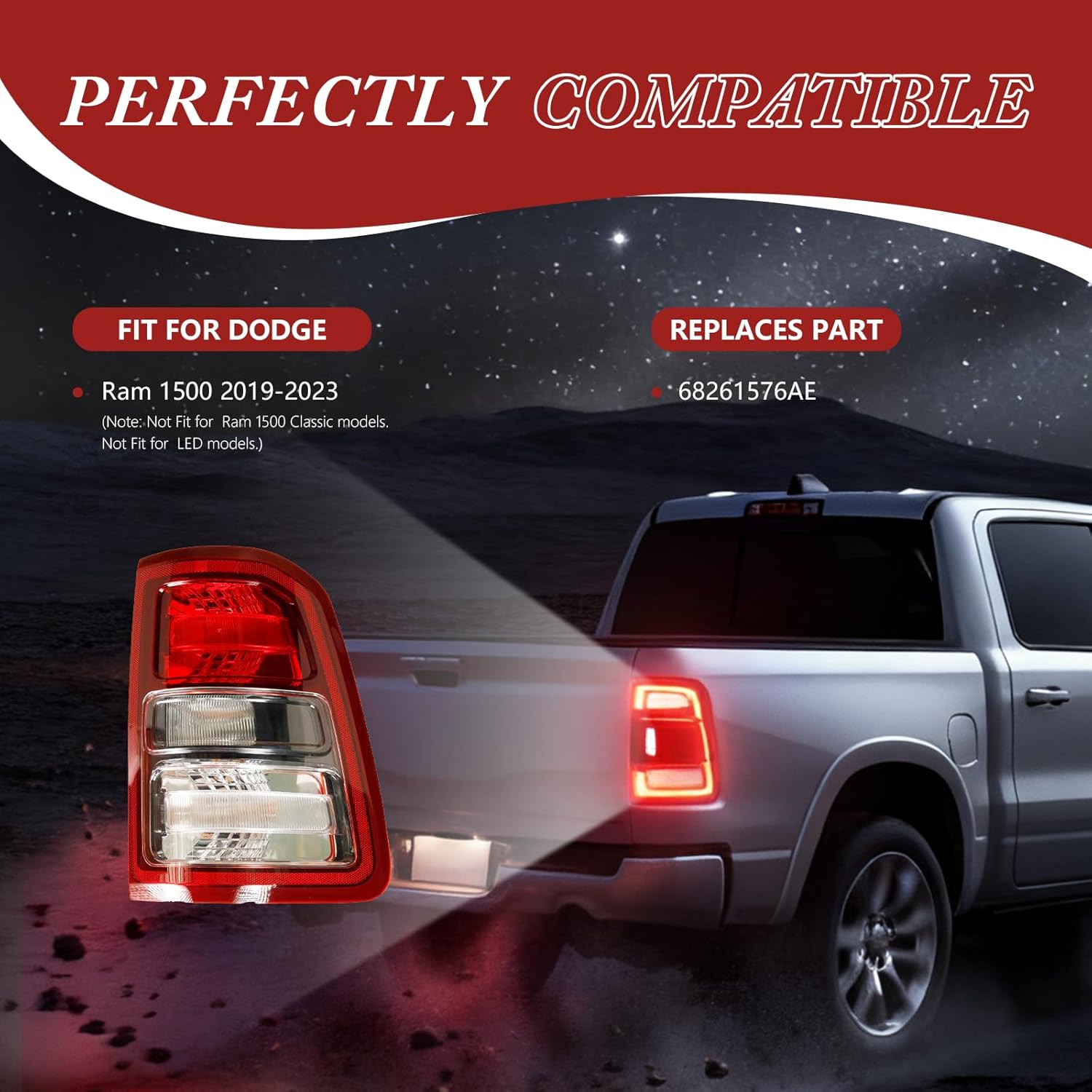 Halogen Type Right Tail Light Compatible with Dodge Ram 1500 2019-2023 Replacement# 68261576AE