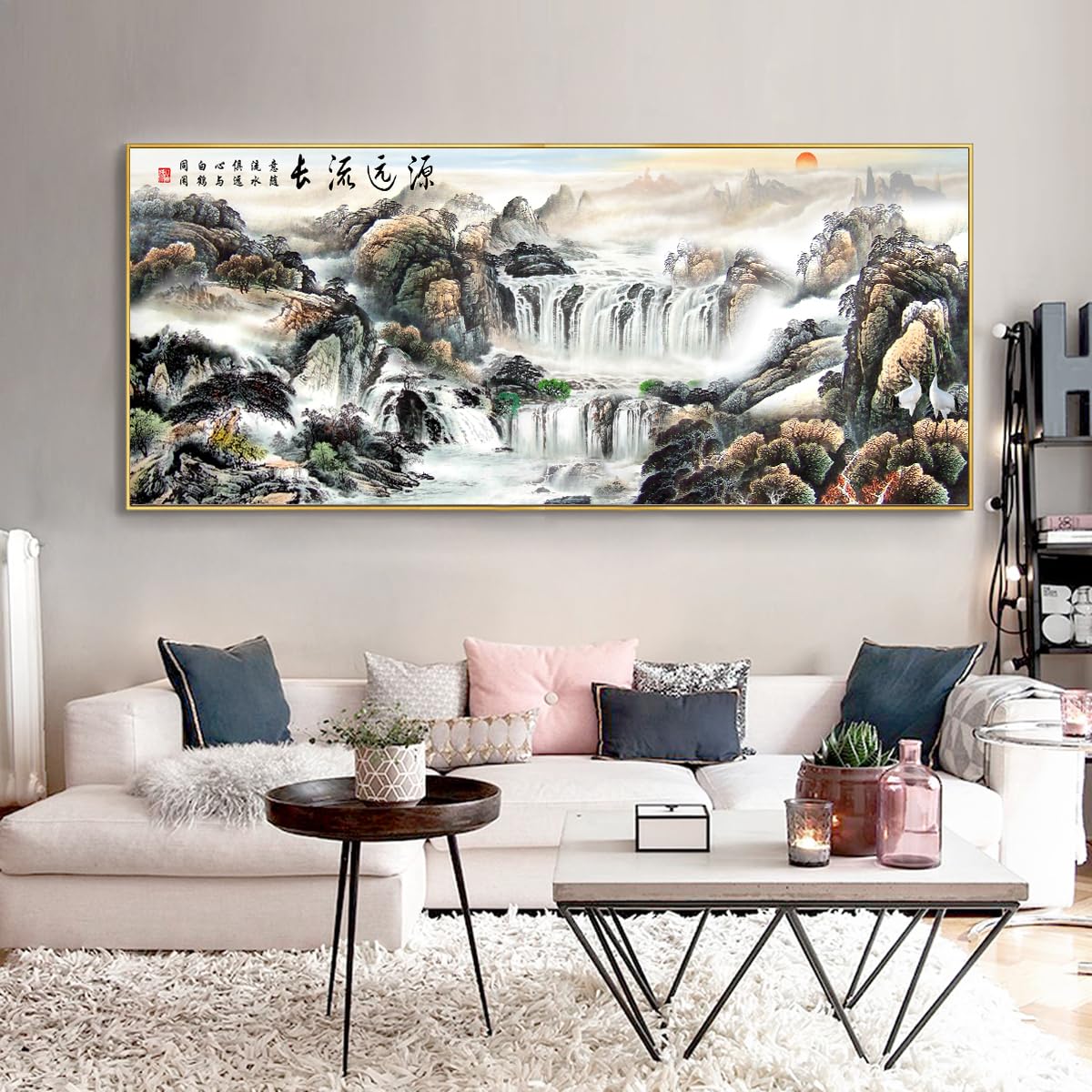 Via Vela Chiński krajobraz płótno sztuka ścienna wodospad sceneria grafika wydruki orientalny styl malarstwo duży mural plakat do salonu dekoracja 40 x 101 cm ze złotą ramą