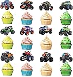 24 PCS Monster Truck Cupcake Toppers Truck Car Theme Birthday Party Decorations Racing Car Theme Birthday Decoration for Boys Girls Baby Shower Kids Cake Decorations Party Supplies