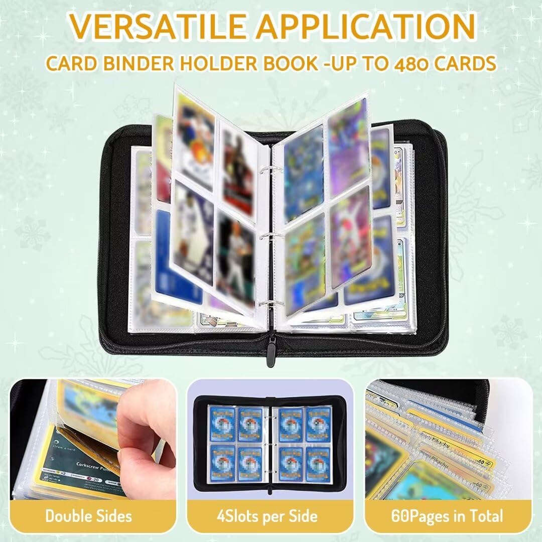 Carpeta de tarjetas, álbum de colección de tarjetas de 4 bolsillos, carpeta de tarjetas coleccionables para 480 tarjetas con 60 fundas extraíbles, soporte para protectores de tarjetas de juego y otras