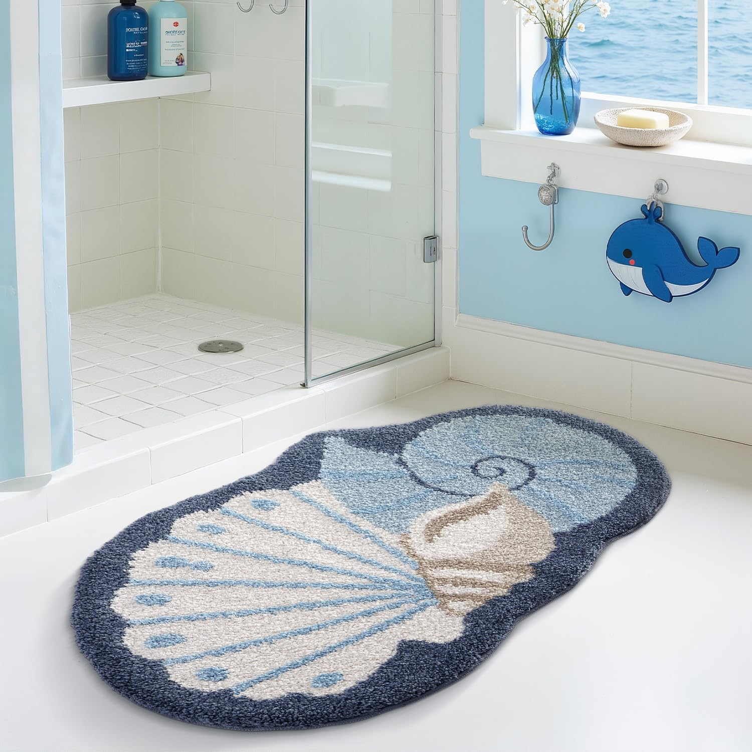 LUMI Beach Bathroom Rugs, Non Slip Bath Mat Ultra Soft Washable Absorbent Quick Dry, Ocean Sea Theme Bath Rug with Shell for Shower Floor, Kitchen Decor, Kids Room, 20"x35"
