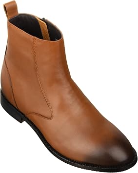 TOTO Mens Invisible Height Increasing Elevator Shoes - Light Brown Leather Slip-on Chelsea Boots - 2.6 Inches Taller - K33094 - Size 6.5 DM US