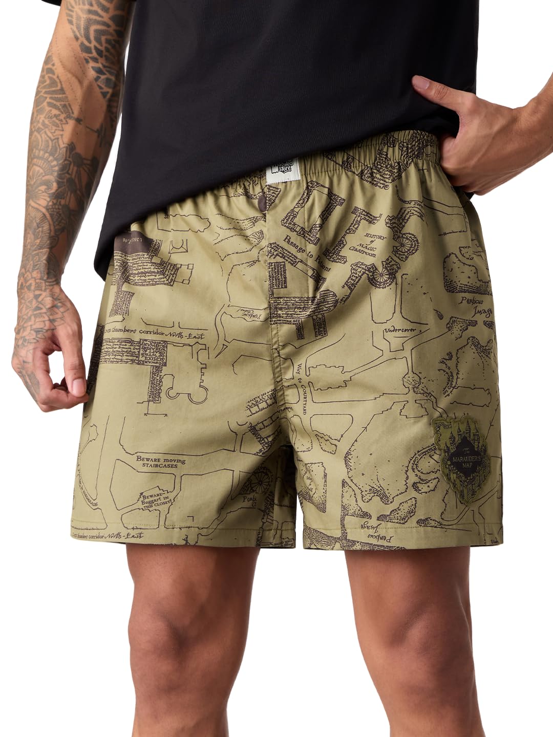 the souled store Harry Potter: Marauder's Map Men and Boys Elastic Waistband Olive Green Graphic Printed Cotton Regular Fit Lightweight Everyday Lounge Boxer Shorts-picture-25