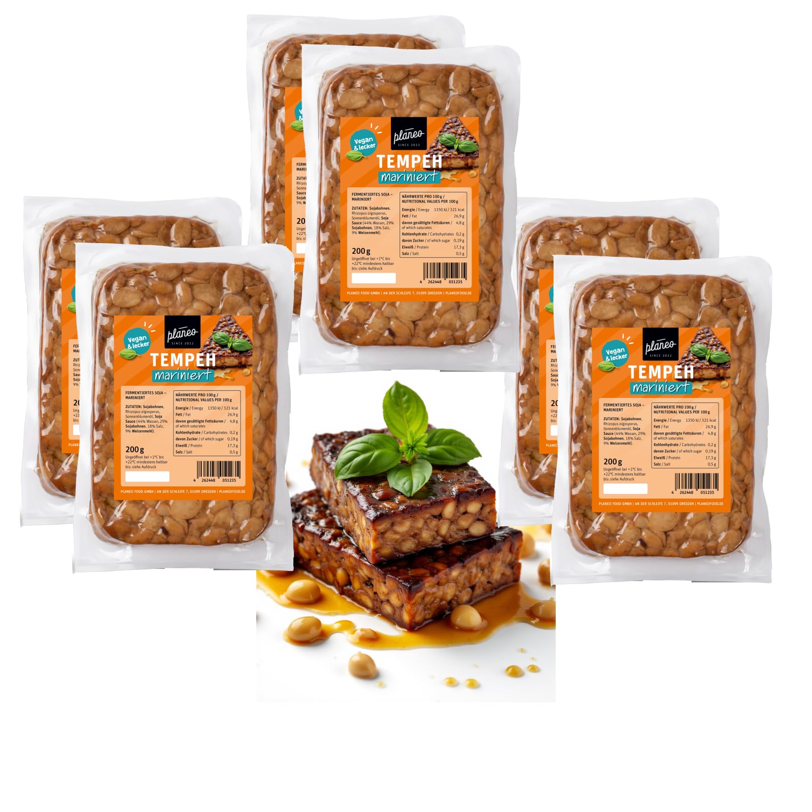Planeo Tempeh Marninert 6x200g - Beste Qualität - Lange, ungekühlt haltbar - fein gewürzt - Soja aus der EU - Planeo (6 x 200g)