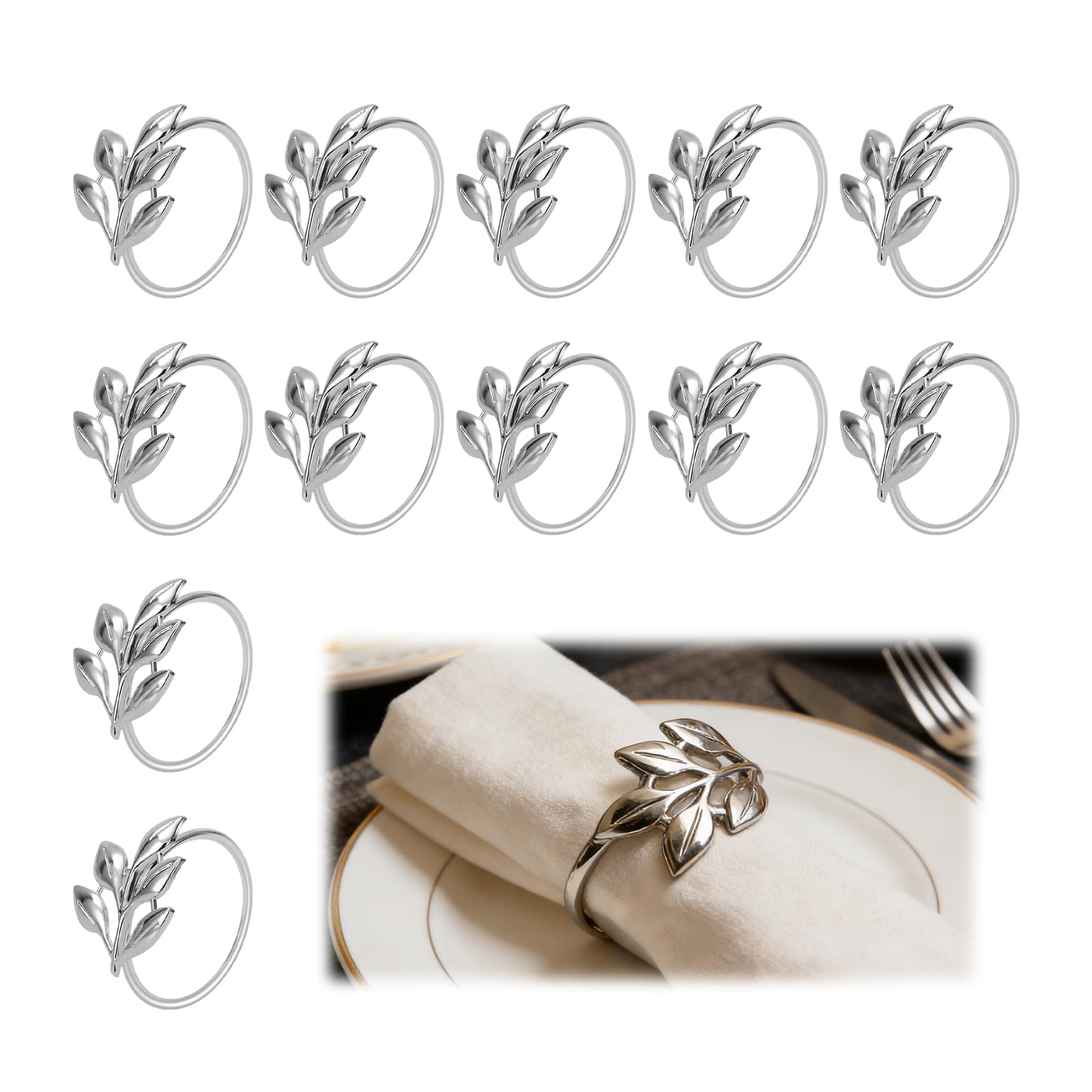 Elegant Silver Leaf Napkin Rings Set, 12Pcs Napkin Holders For Thanksgiving Weddings Parties, Napkin Buckles With Sophisticated Leaf Design, Durable Polished Finish, Table Accessories To Enhance Décor