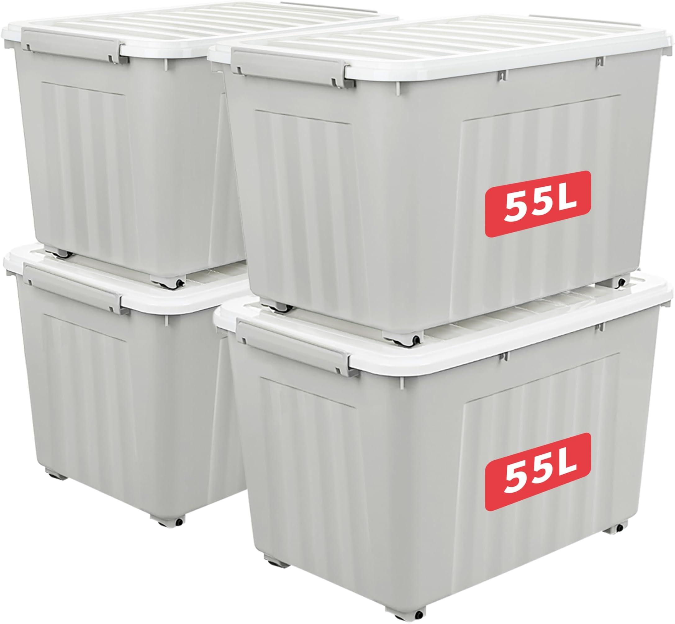 Cetomo 55L*4 Storage Boxes with Lids, Plastic Storage Box with Wheels and Secure Side Latches, Stackable & Nestable Organizer for Home, Office, Moving, PP, Gray, 55L-4 Pack