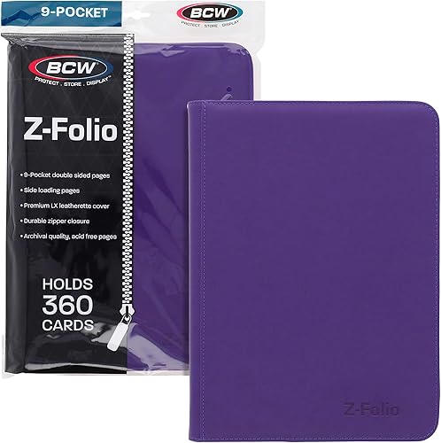 BCW Z-Folio - Álbum LX de 9 bolsillos - Morado Organizador de tarjetas con cremallera segura Carpeta de colección de tarjetas de cuero sintético
