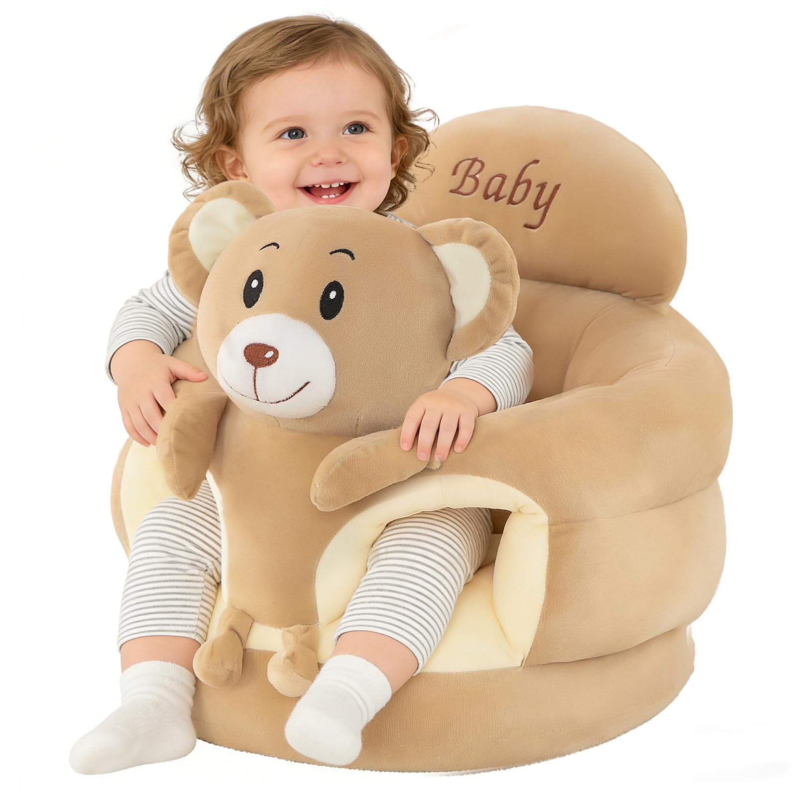 XIAPIA Plush Baby Sit-Up Floor Seat, Infant Support Chair, Brown Bear
