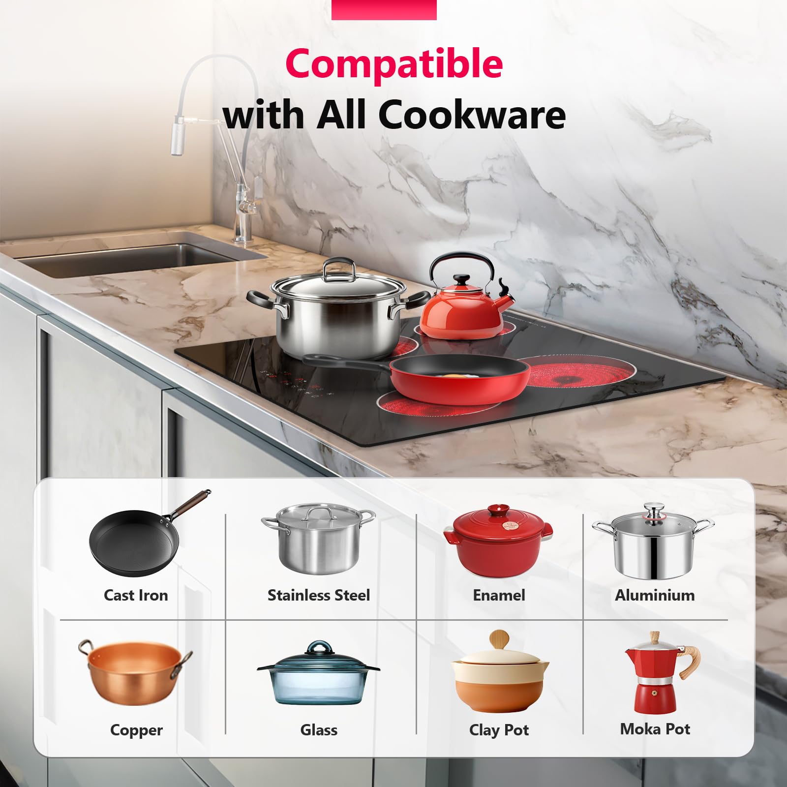 Alemania Płyta Ceramiczna 4 Strefy 60 cm, Sterowanie Dotykowe, Wbudowana Płyta Grzejna na Podczerwień 6000W 230V