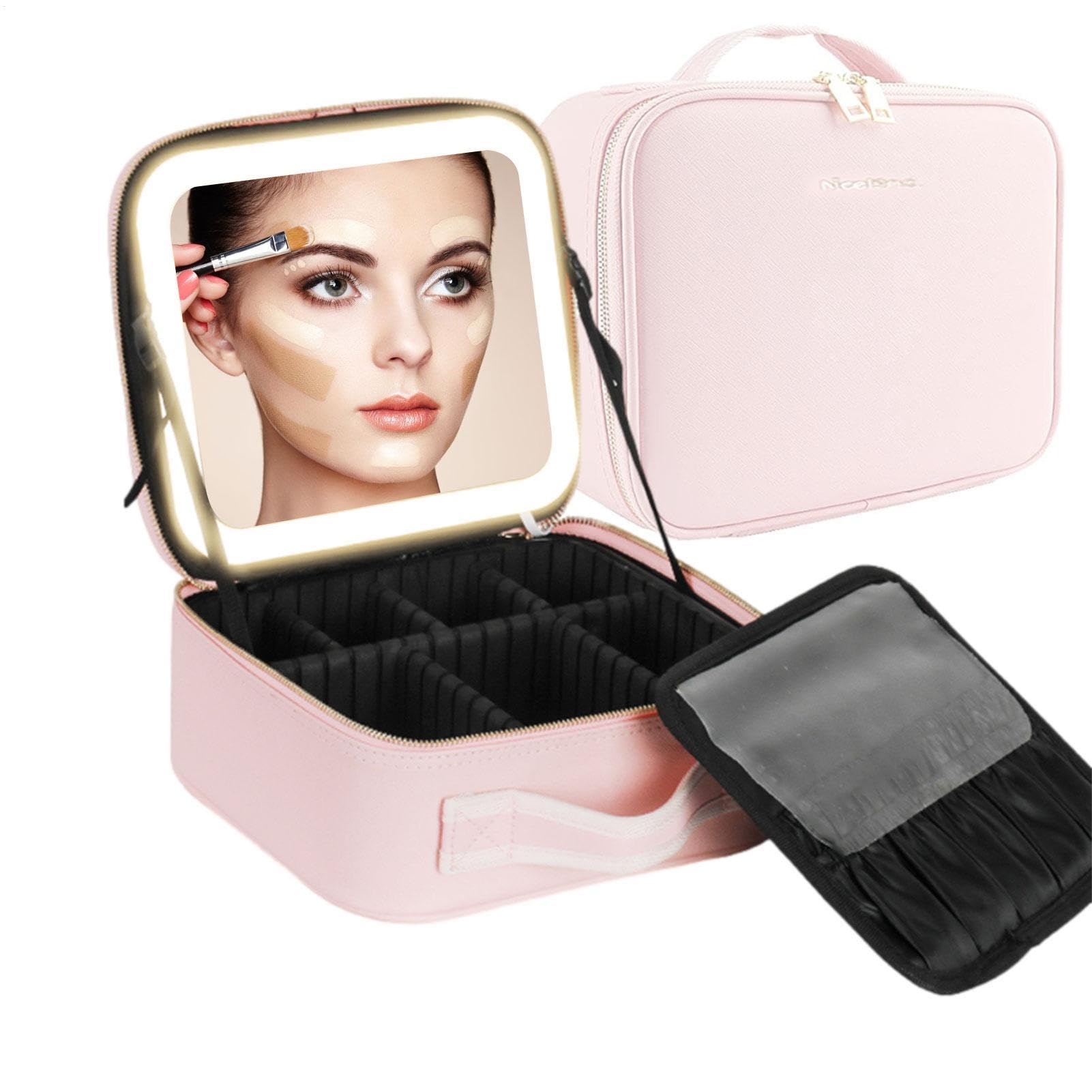 Astuccio per il trucco con specchio | Astuccio per il trucco | illuminato a LED a 3 colori | Borsa organizer da viaggio in pelle PU, regalo di compleanno borsa per il trucco
