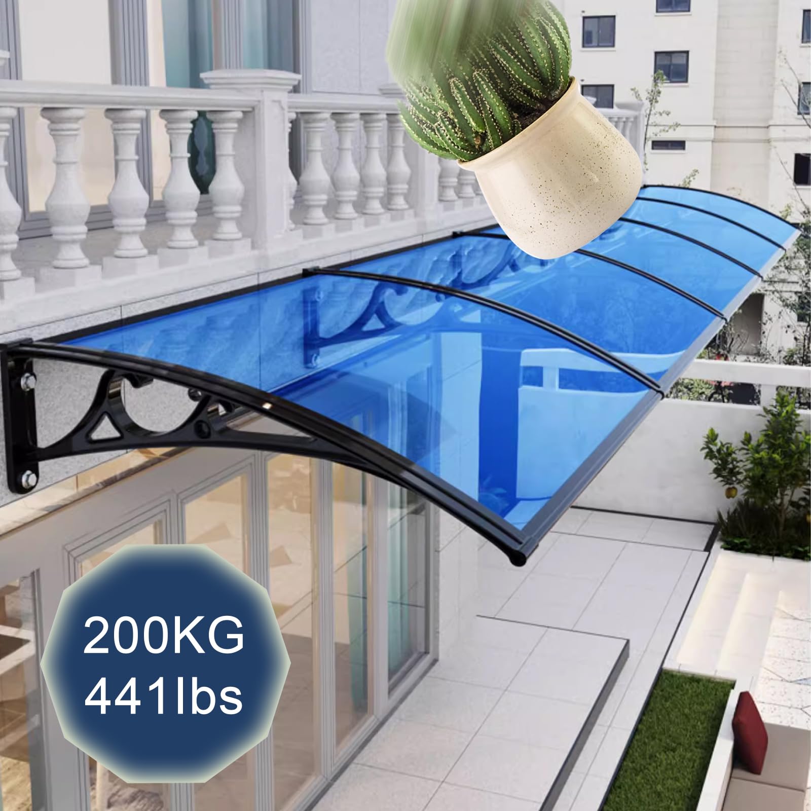 Tettoia In Policarbonato Per Porta D'Ingresso Blu - 120x320 Cm, Staffa Bianca, Impermeabile E Antipioggia, Per Esterno Casa E Giardino