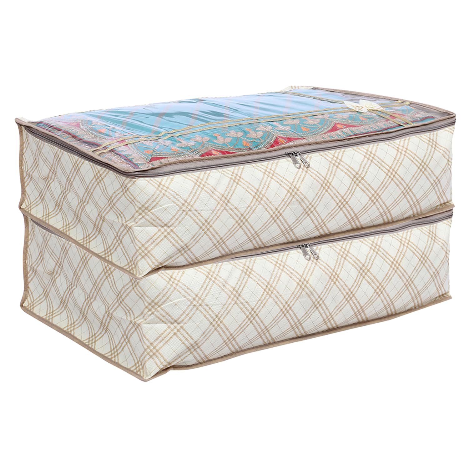 Kuber Industries Lehenga Cover | Non-Woven Gown Cover | Check Bow Pattern Garment Cover | Salwar Suit Cover with Top Transparent | Large | Pack of 2 | Cream