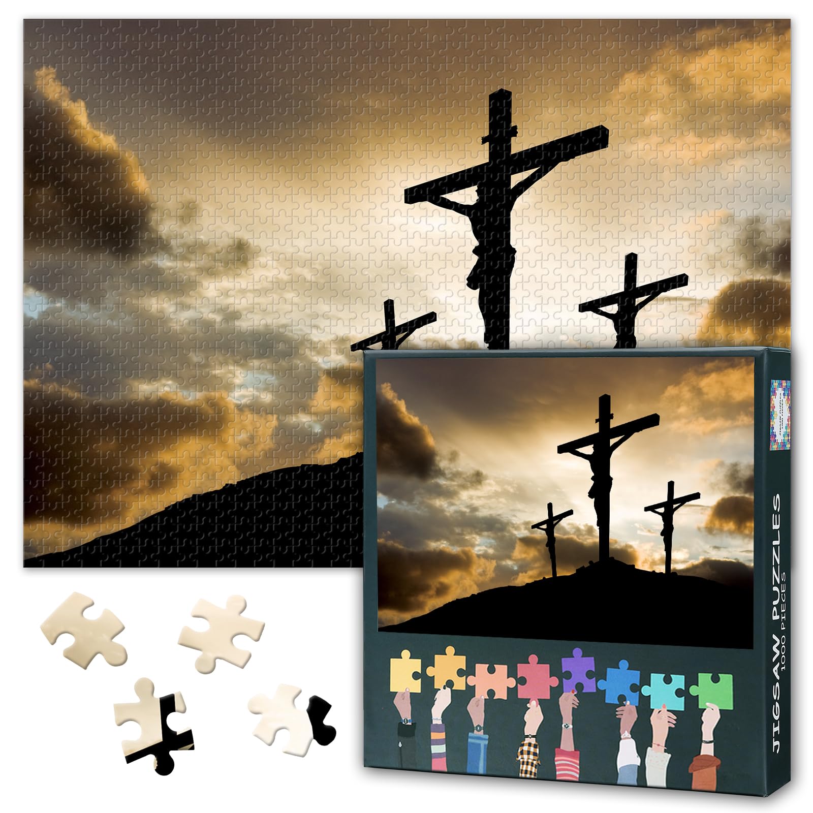 1000 Piece Jigsaw Puzzle for Adults Christian Wall Art Three Crosses Sunset Landscape Scene Religious Inspirational Puzzle Large Size 27.5x19.7 Inch