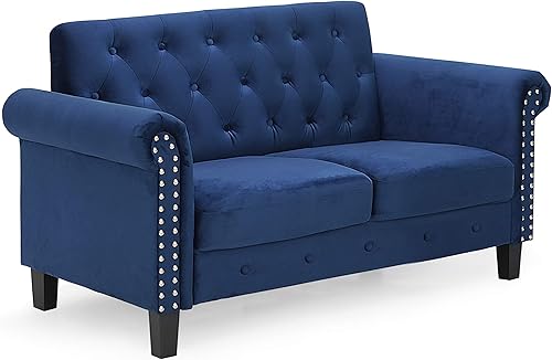 Furinno Bastia - Sofá biplaza Chesterfield con botones y botones para sala de estar, terciopelo azul marino