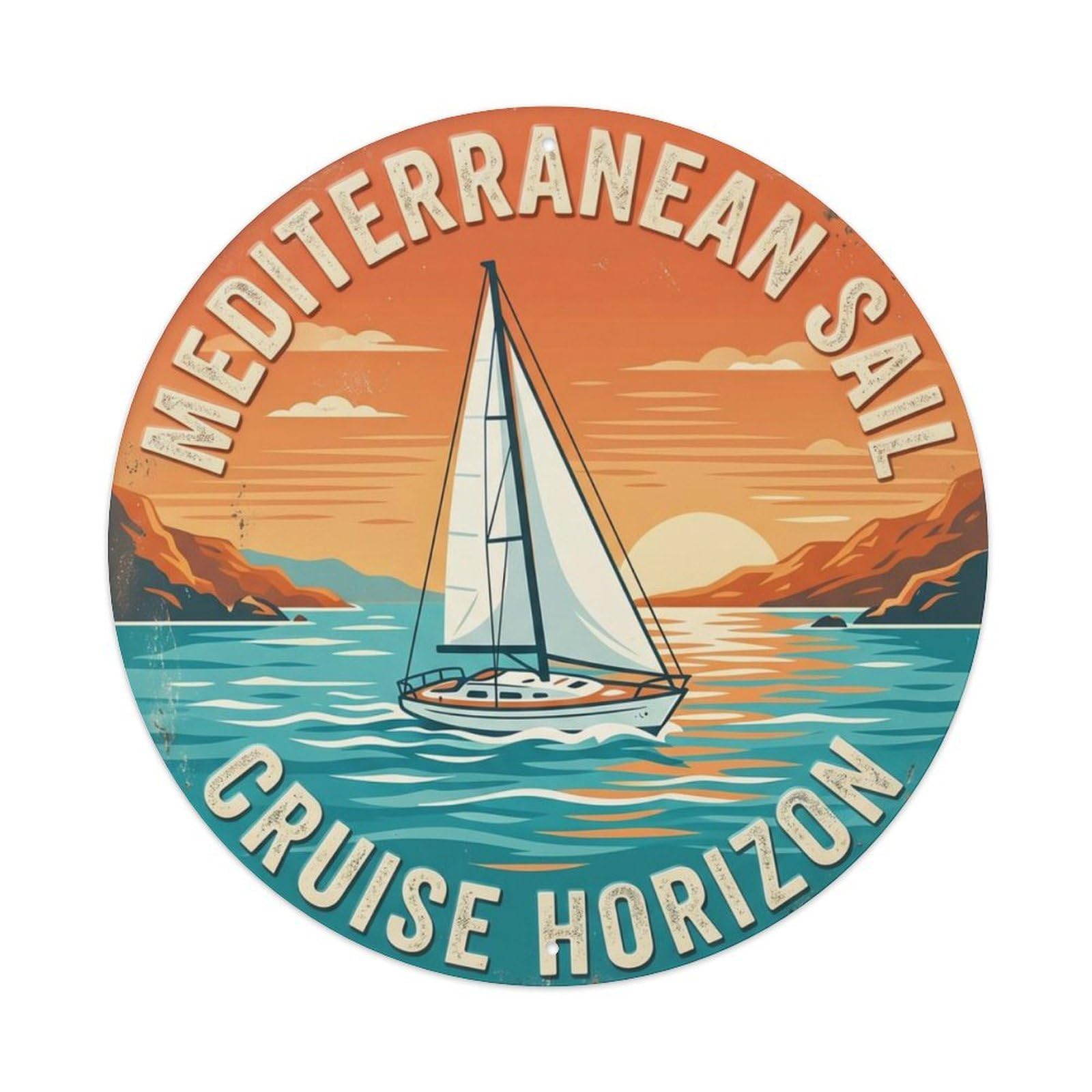 Sailboat Horizon Cruise Mediterranean Vessel Metal Tin Sign Plaque Wall Decor for Cafe, Club Bar, Office, Home Garden Round Metal Poster 8x8Inch