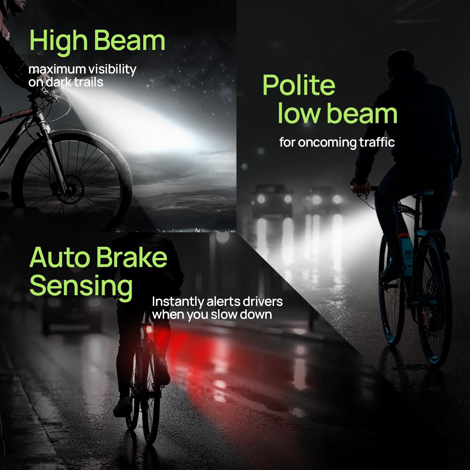 Luces inteligentes para bicicleta delanteras y traseras, kit R15, recargable por USB C con detección de freno automático, juego de faros delanteros y traseros impermeables de 500 lúmenes para