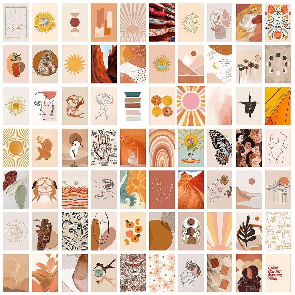 TERRIFI Wall Collage Kit, 70 pcs Aesthetic Pictures for Wall, Warm Color Room Decor for Girls and Boys, Beige Boho Room Decor