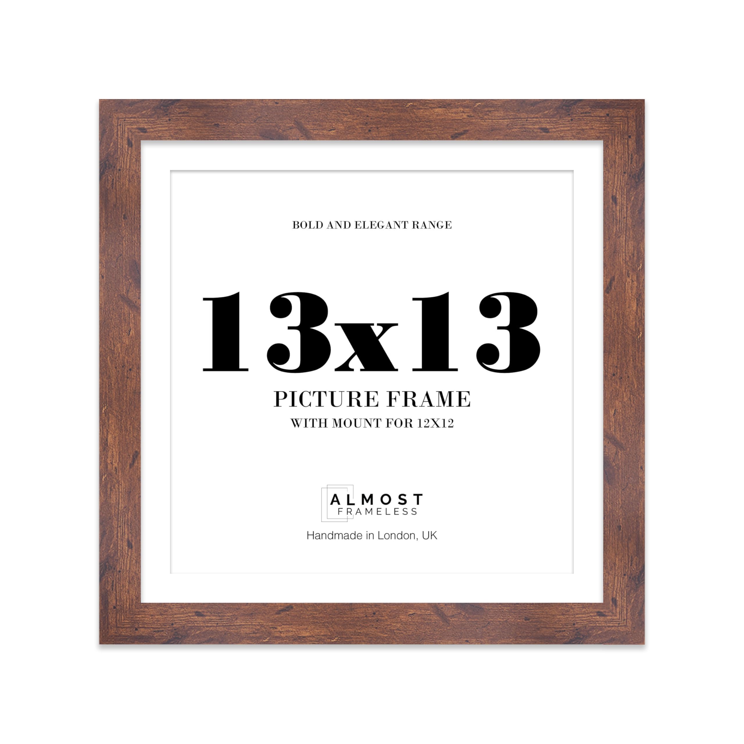 13x13 Rustic Wood Square Frame With Mount for 12x12 Pictures 28mm Edge Frame Display with Wall Hooks, 1 Pack
