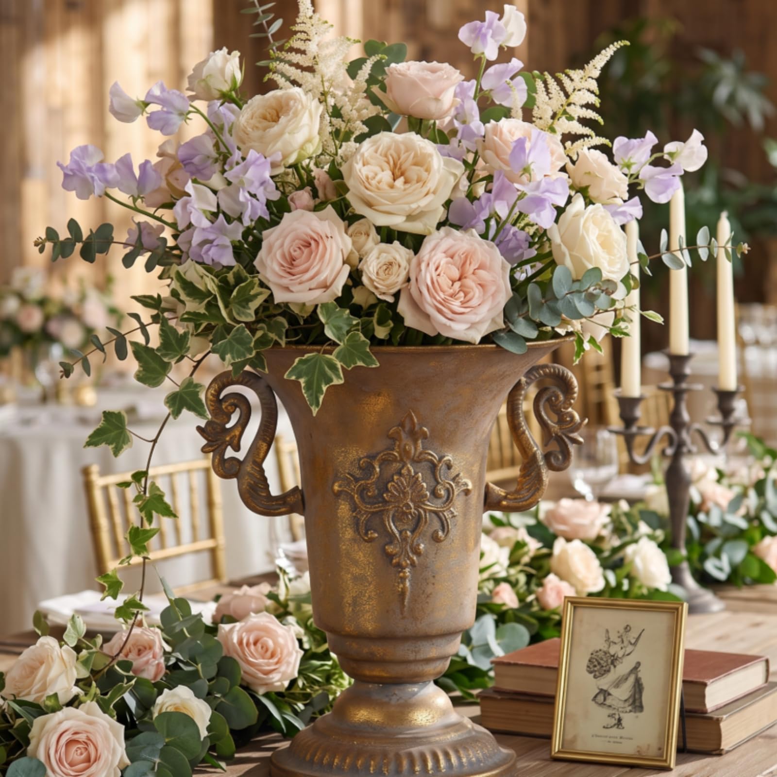 Vaso in Metallo Manici Retrò | Finitura Oro Invecchiato, Antico, Centrotavola, per Matrimonio, Organizzatori di Matrimoni, Fioristi