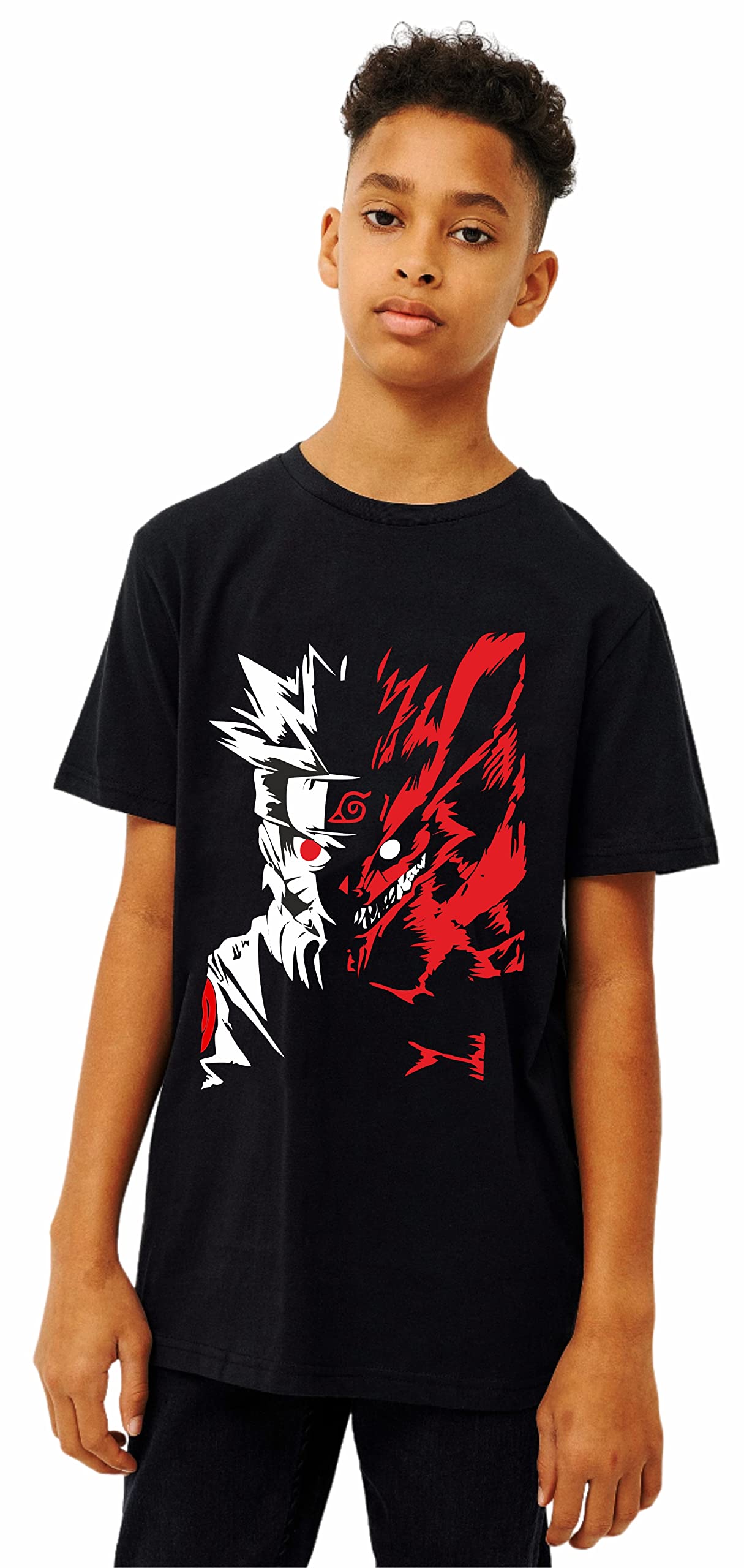 Uniplanet StoreKids Black Cotton Round Collarless Neck Half Sleeve Regular Fit T-Shirt with Naruto Kurama Graphic Print - Stylish Casual Tee for Young Anime Fans