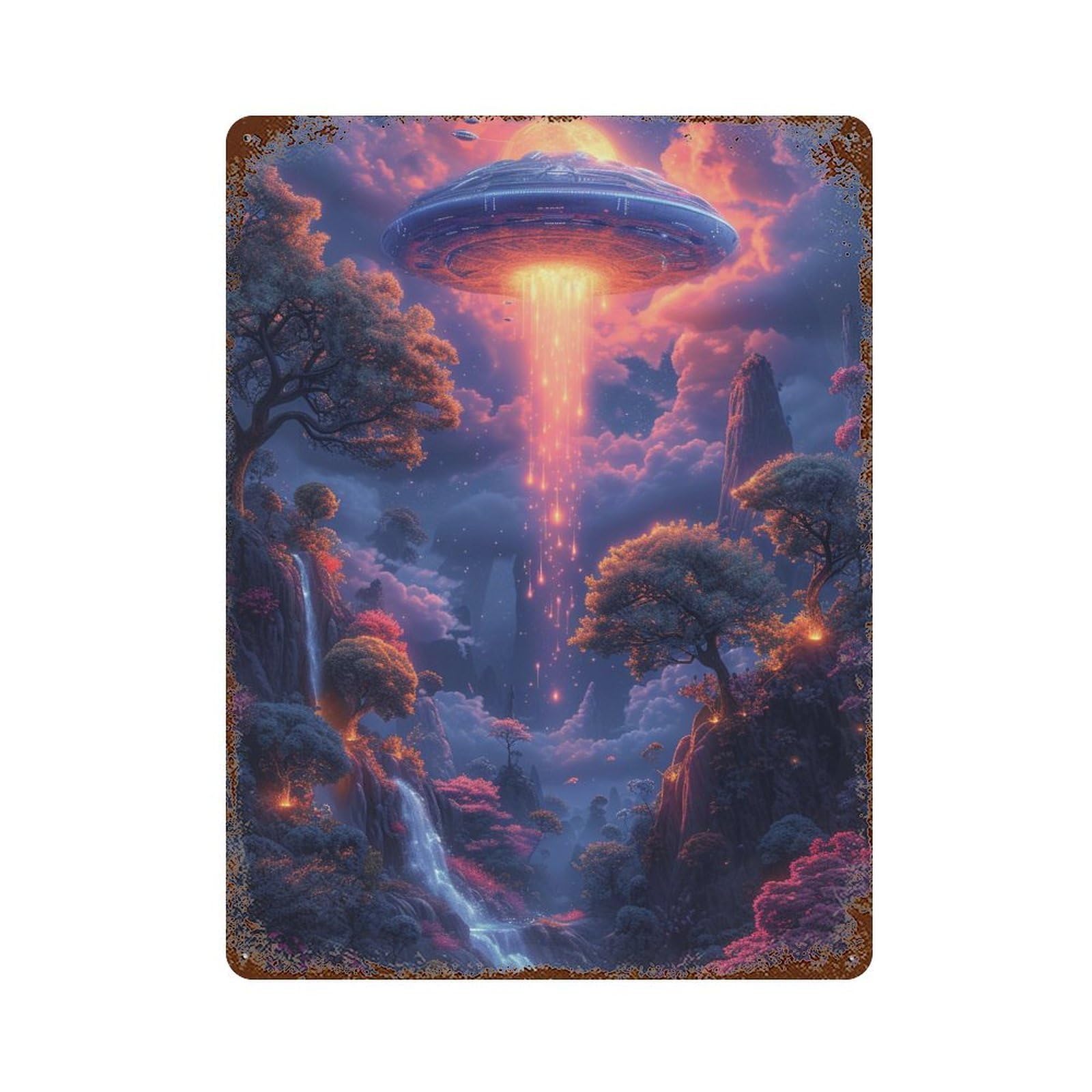 Alien Spaceship Landing Scene Decorative Tin Sign 15.7"x11.8", Vintage Wall Decor for Basement, Hobby Room And Garage Decor