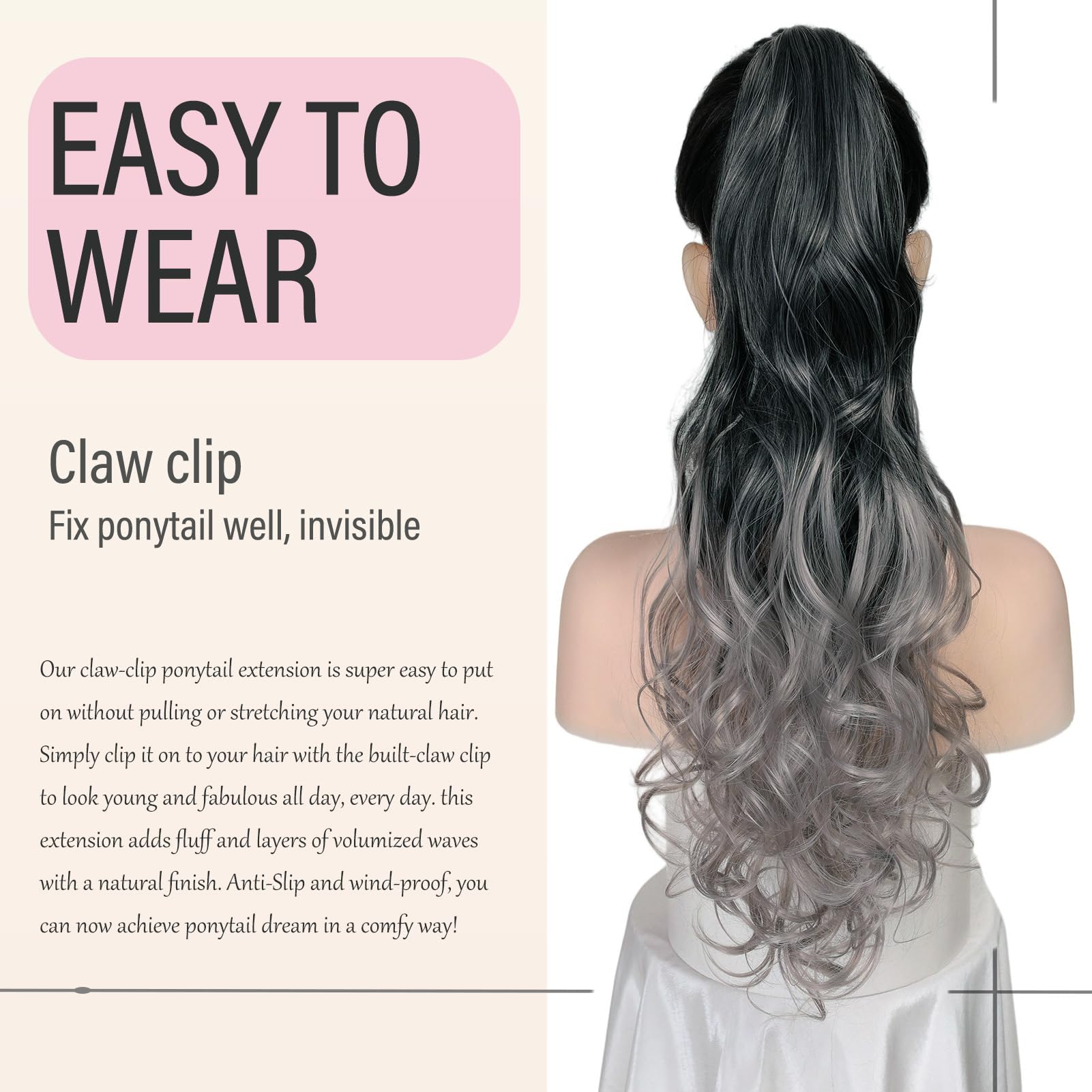 Dcbaboo Ponytail Extension Curly 18inch Claw Clip in Ponytail Hair Extensions Long Wavy Synthetic Pony tails Natural Wave One Piece Hairpiece Fake Ponytail for Women Black Ombre Grey - Image 4