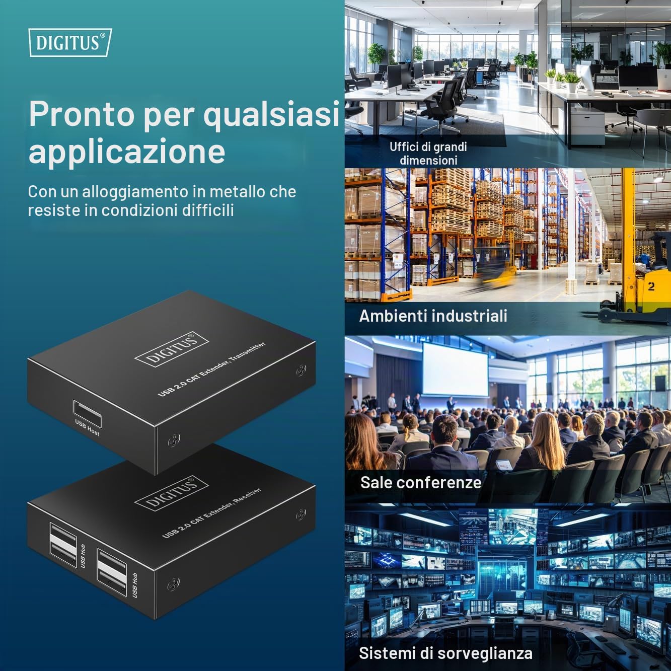 Digitus Extender USB 2.0 su Ethernet – Hub USB-A a 4 Porte – Raggio di 150 m con Cavo di Rete Cat 6 – 480 Mbps – Nero