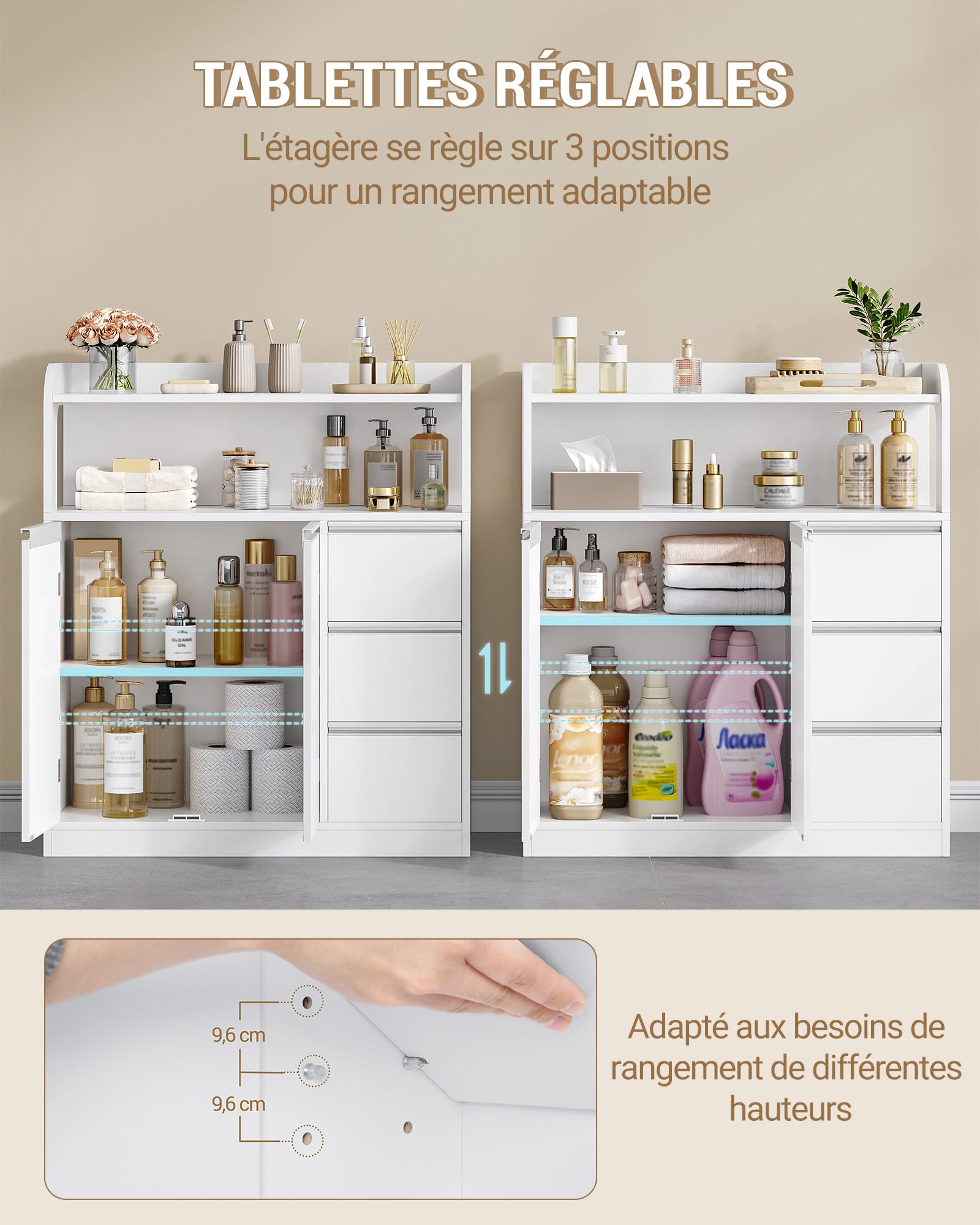 Hzuaneri Meuble Salle de Bain, Meuble de Rangement avec 3 Tiroirs et 2 Portes, Armoire sur Pied avec Étagère Réglable, Commode, Moderne, pour Salon, Salle de Bain, 30 x 80 x 92 cm Blanc 5280003X