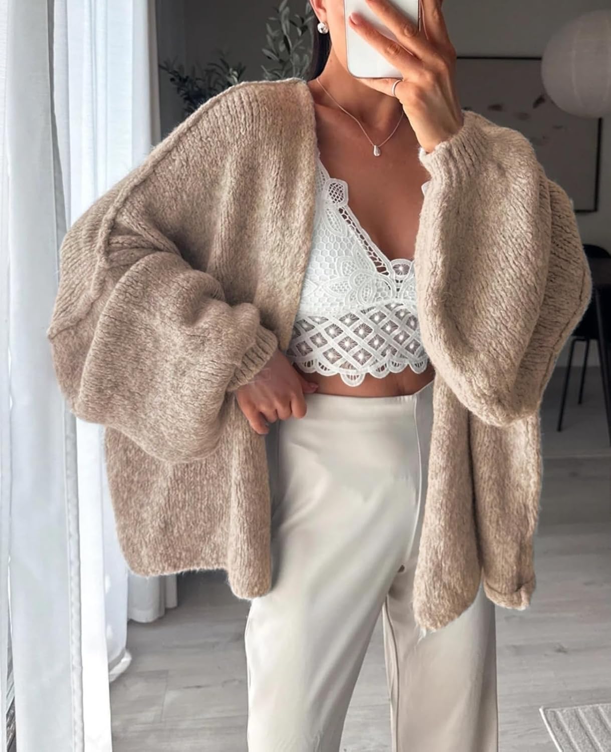 Womens Oversized Chunky Cardigan Lantern Sleeve Open Front Loose Fall Slouchy Sweater Coats - Image 4