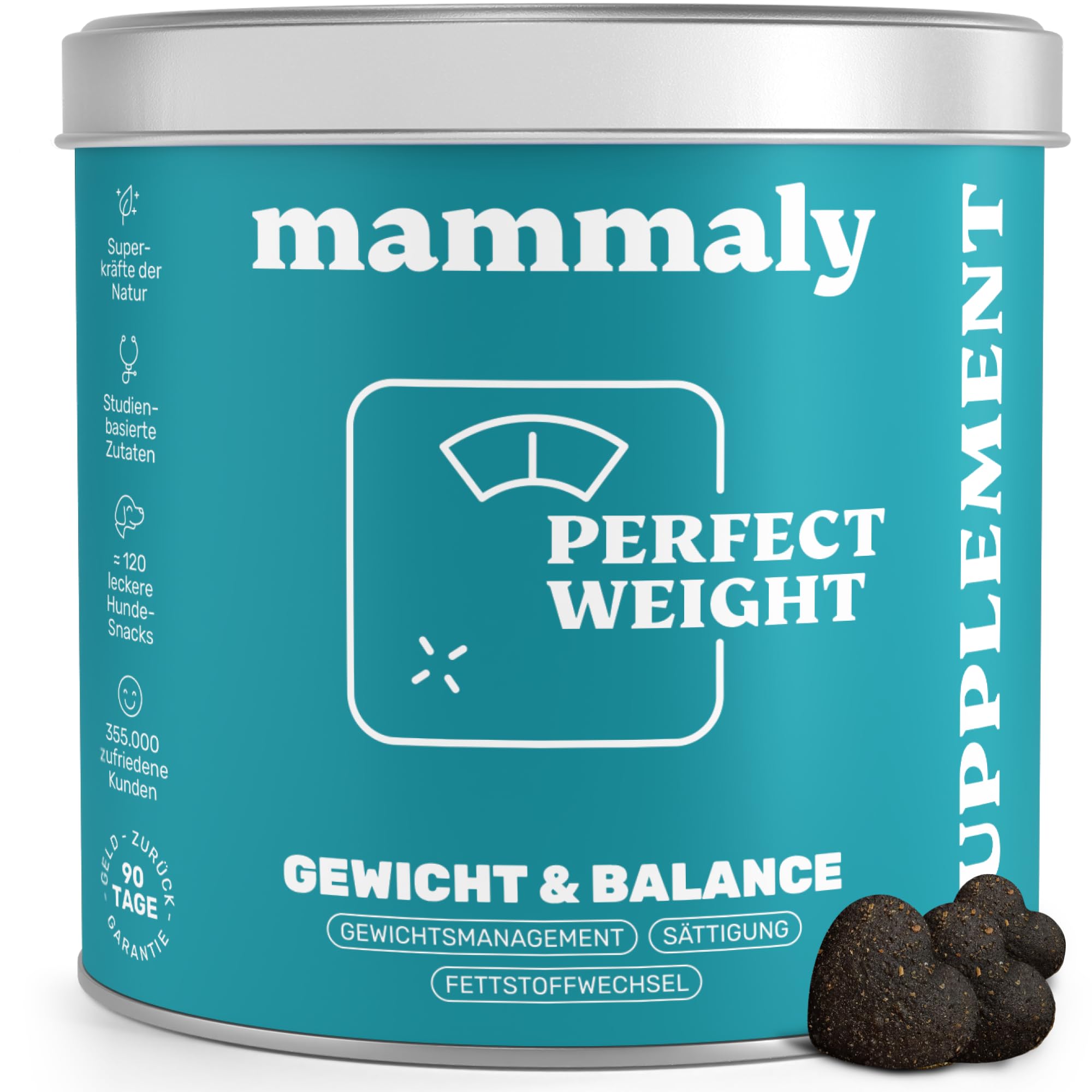 mammaly Perfect Weight® Abnehm-Komplex mit Zellulose (bis 60 Tage) | mit 120 Snacks für Diät & Darmflora, Übergewicht - mit Algenöl, Bierhefe - DLG zertifiziert - mit Tierärzten entwickelt