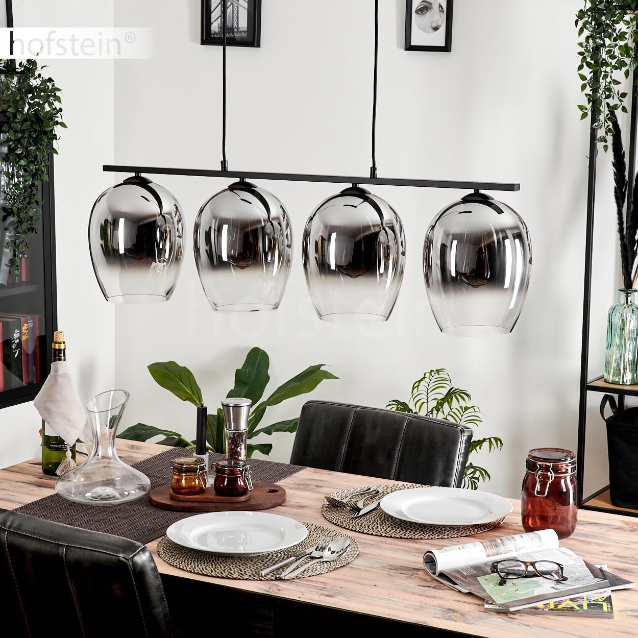 Pendelleuchte Vevino, Hängeleuchte aus Metall/Glas in Schwarz/Chromfarben/Klar, Leuchte im Vintage/Retro Design, Schirme aus Glas (Ø 20 cm), 4-flammig, Höhe max. 111,5 cm, 4 x E27, ohne Leuchtmittel