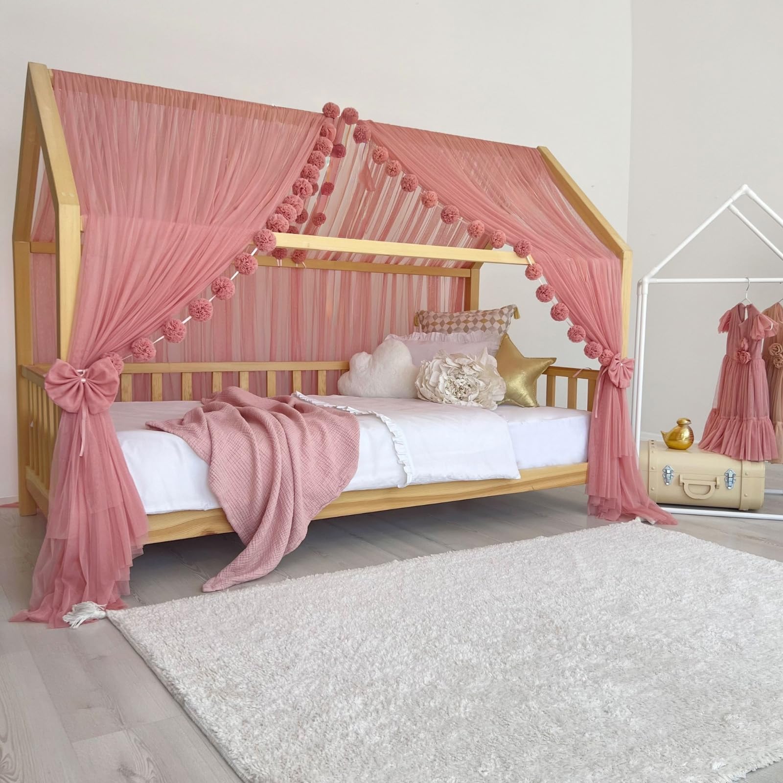 Tenda a baldacchino per letto della cameretta dei bambini, decorazione per letto montessori, tenda da gioco in morbido tulle per bambini (blu, 340 cm, set da 4)